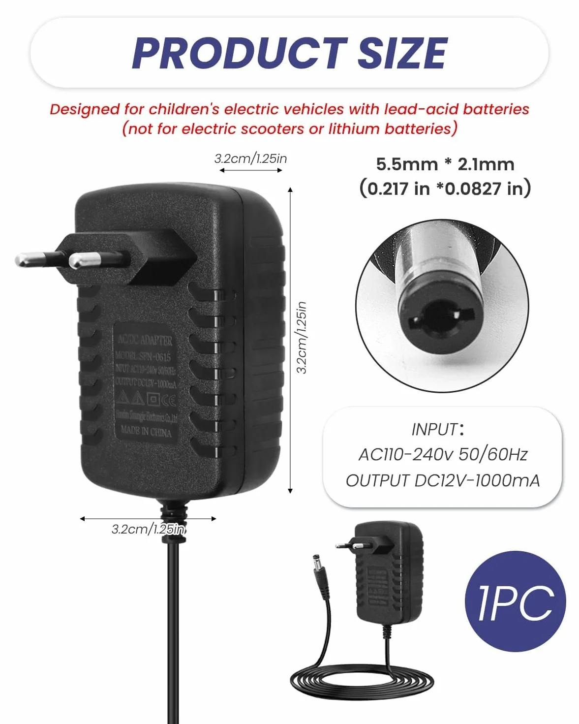 Caricabatterie 12V 1A per Auto Elettriche Bambini con DC5.5*2.1MM per Giocattoli SUV ATV