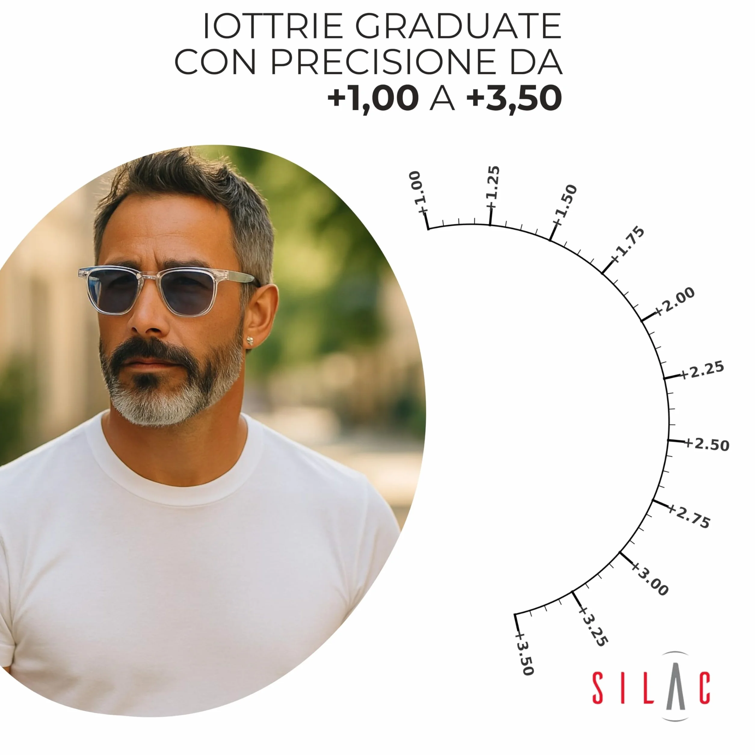 SILAC Occhiali da Sole Graduati Sol Cristal 7551 Montatura Grigio Cristallo Policarbonato Lenti Cat. 3 UV400 Aste Flex Diottrie +1.00 a +3.50
