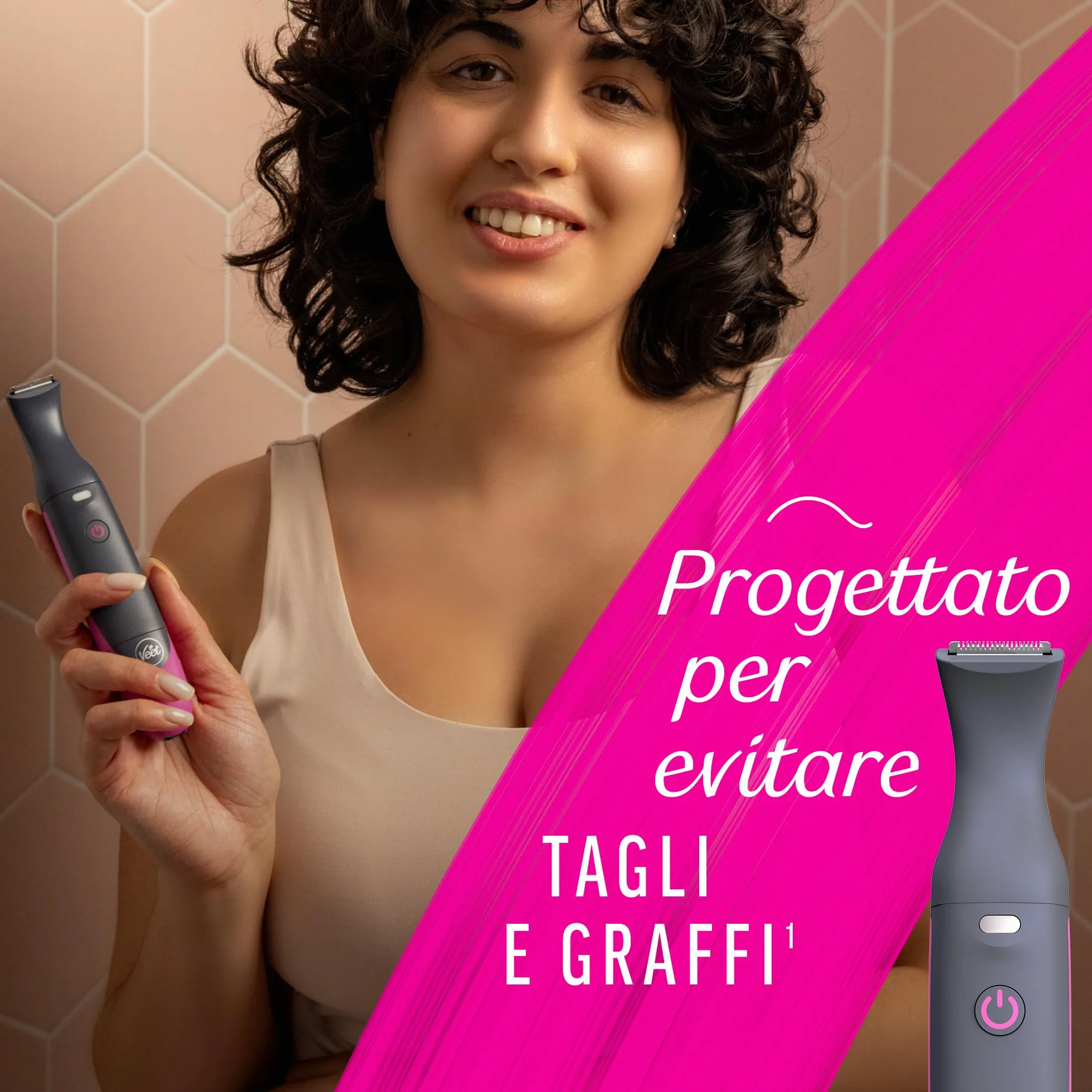 Veet Expert All-In-One Trimmer Rasoio Elettrico Donna Viso Parti Intime 100% Waterproof 2 Testine 3 Pettini Cordless Pochette Regalo