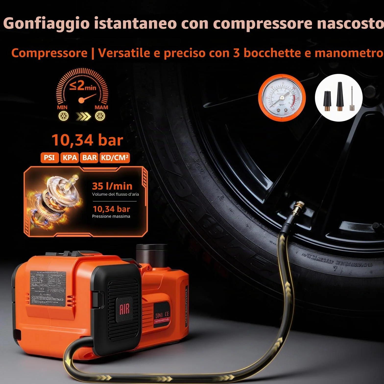 Cric idraulico elettrico 5T 12V 180W con pompa gonfiabile e luce LED 150-540 mm per auto SUV