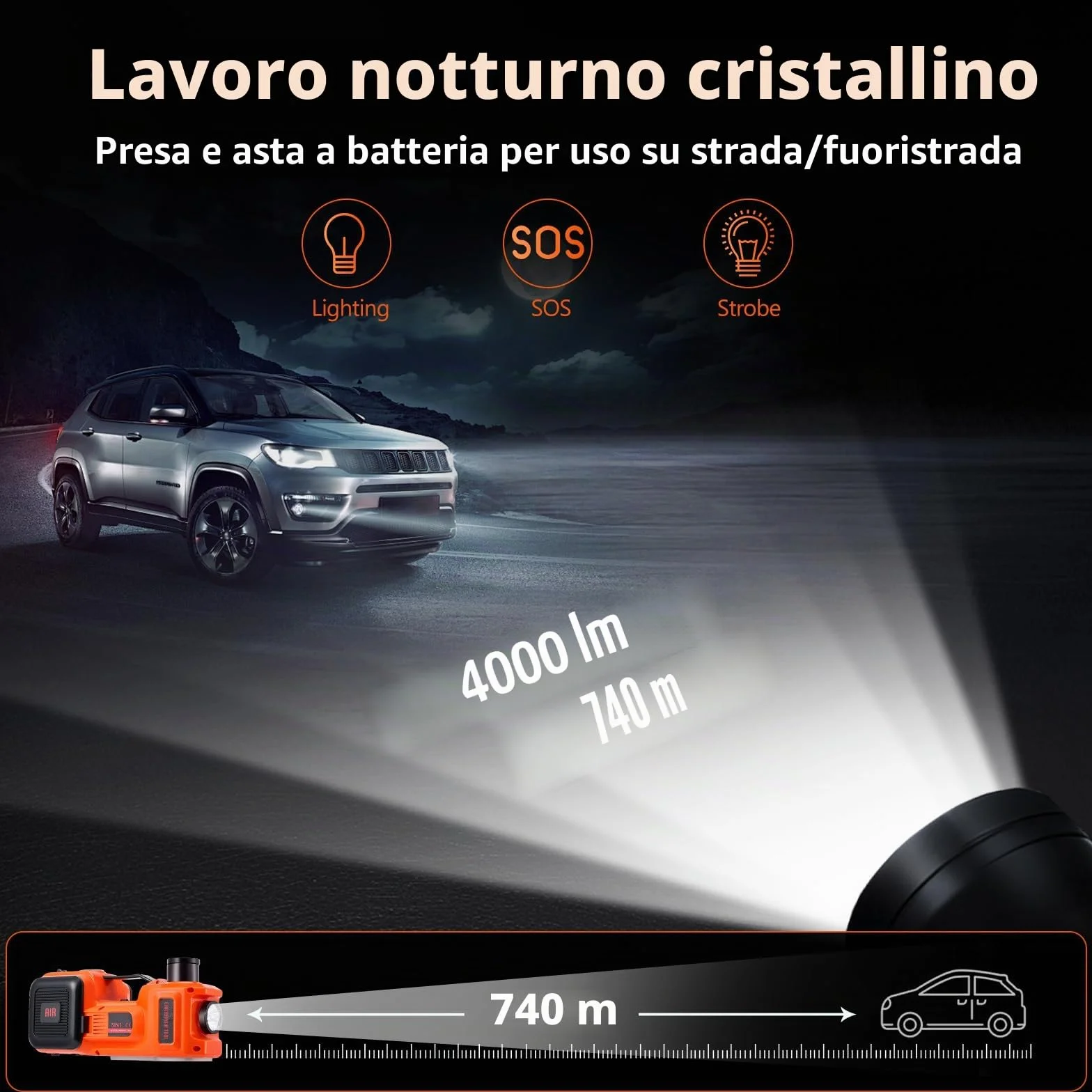 Cric idraulico elettrico 5T 12V 180W con pompa gonfiabile e luce LED 150-540 mm per auto SUV