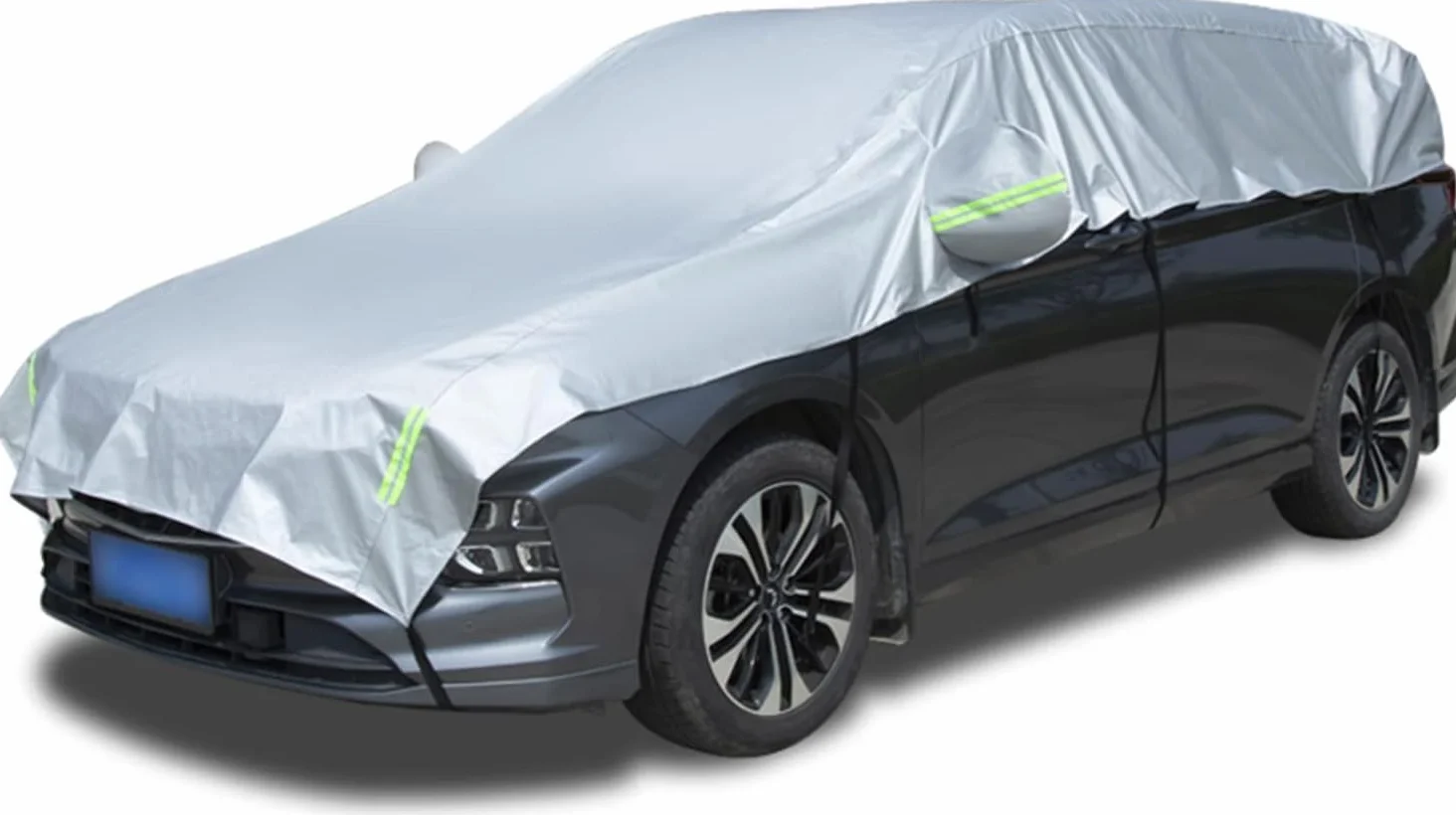 Telo Copriauto Impermeabile Invernale Esterno, Mezza Copertura per Auto con Strisce Riflettenti e Corde Antivento, Mezzo Telo Auto Resistente a Polvere, Graffi, Neve, Universal (SUV)