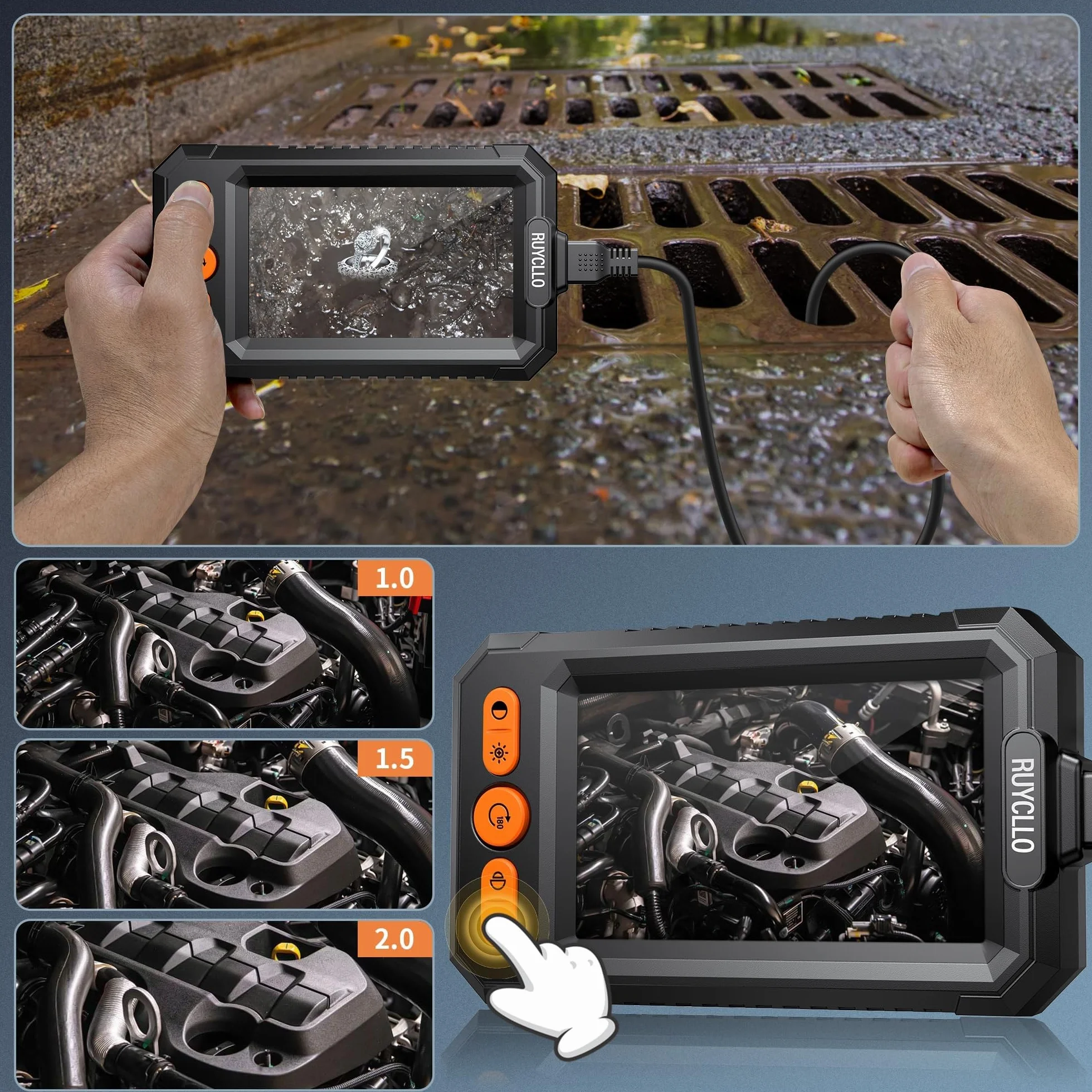 Endoscopio 1080P HD con Schermo IPS 4.3'' Telecamera Ispezione IP67 Impermeabile 8 LED Sonda 8mm Cavo 5M