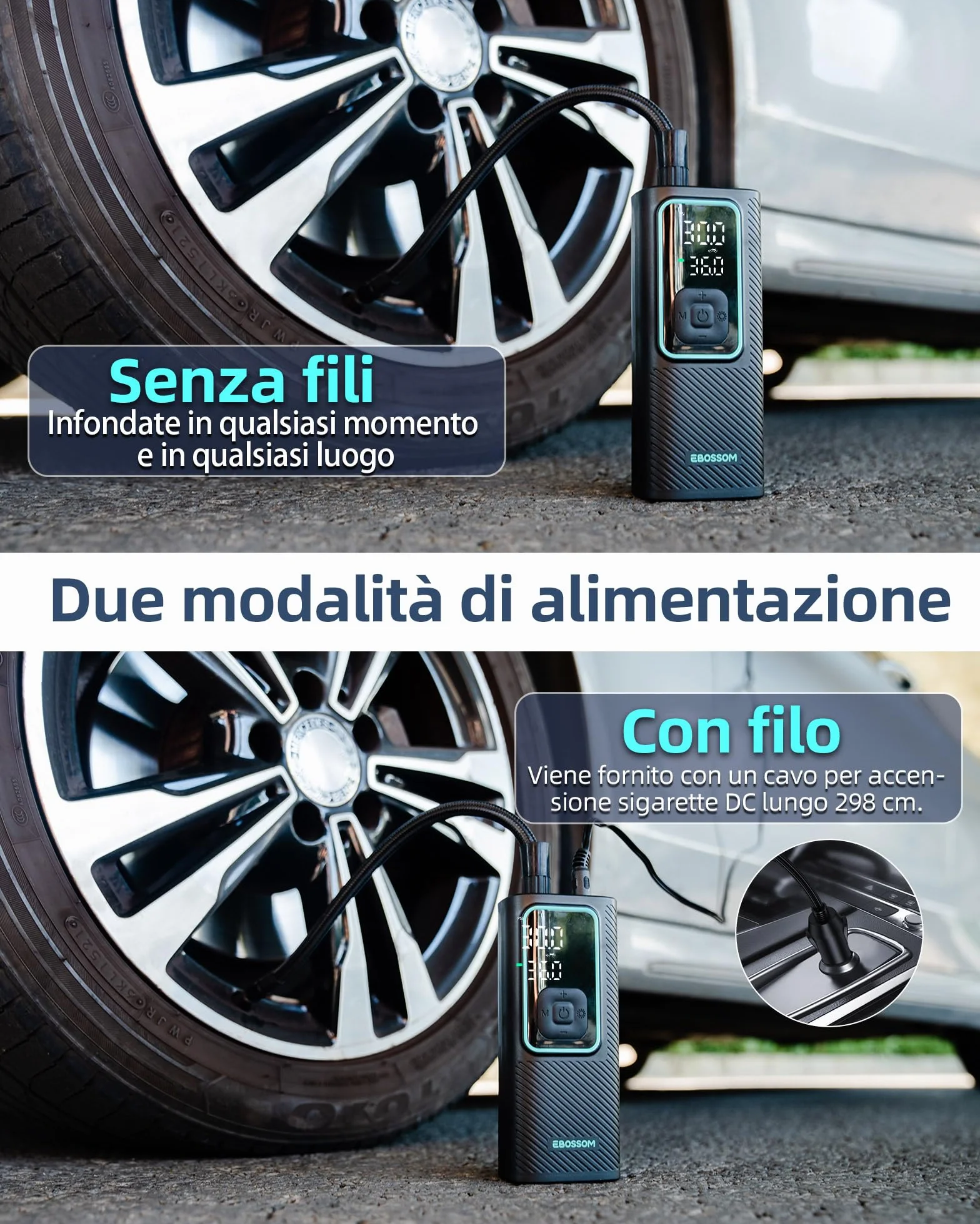 Compressore Aria Portatile 150PSI Gonfiatore Elettrico a Batteria 6000mAh 12V DC con Luce LED e Arresto Automatico