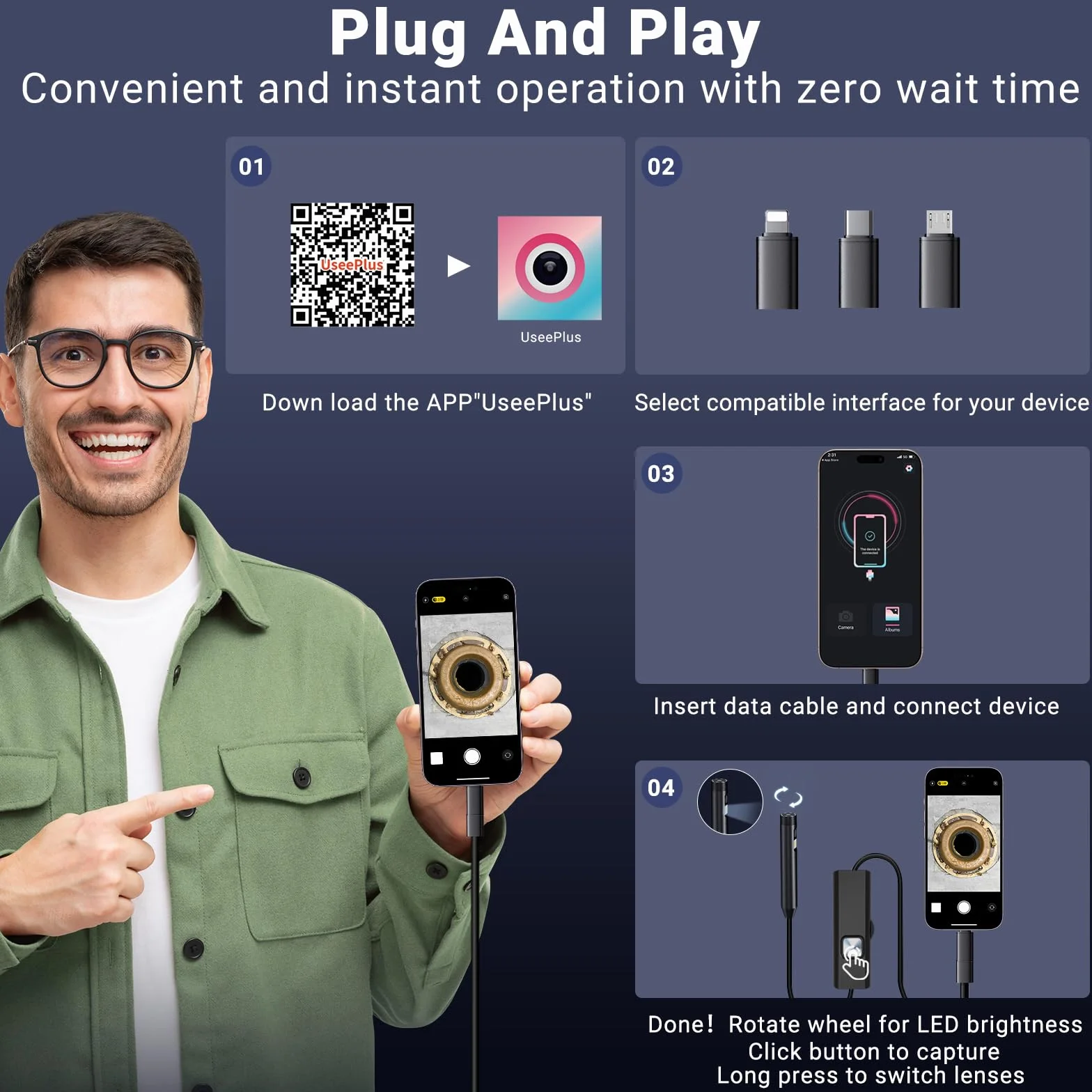 Endoscopio per Smartphone 1920P HD Sonda Doppia Telecamera Ispezione Tubi Impermeabile Cavo Semirigido 5m Gancio Adattatore Android iOS
