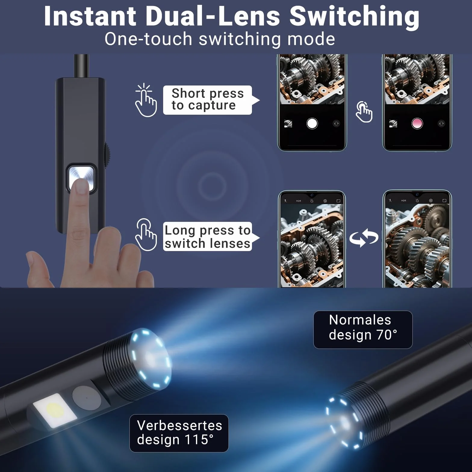 Endoscopio per Smartphone 1920P HD Sonda Doppia Telecamera Ispezione Tubi Impermeabile Cavo Semirigido 5m Gancio Adattatore Android iOS