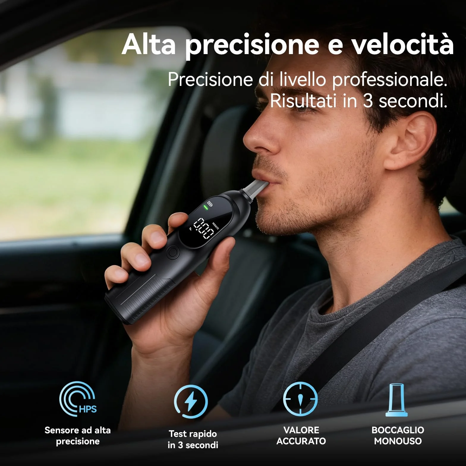 Etilometro Professionale ad Alta Precisione con Sensore Intelligente e Display Retroilluminato, Analizzatore Portatile del Respiro