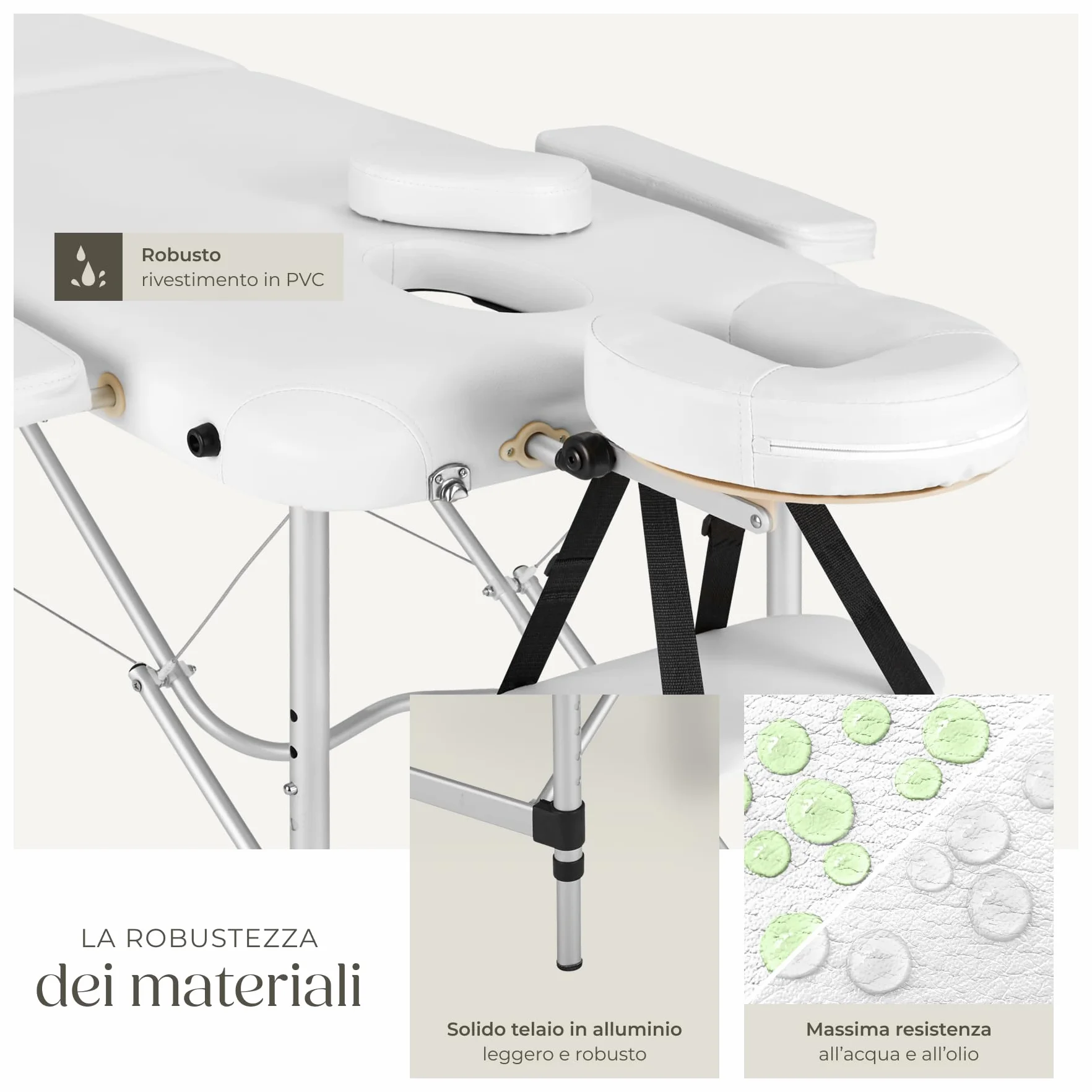 tectake Lettino Massaggio 2 Zone Portatile Regolabile Imbottitura Comfort Poggiatesta Multifunzione con Borsa Trasporto 230 kg Bianco