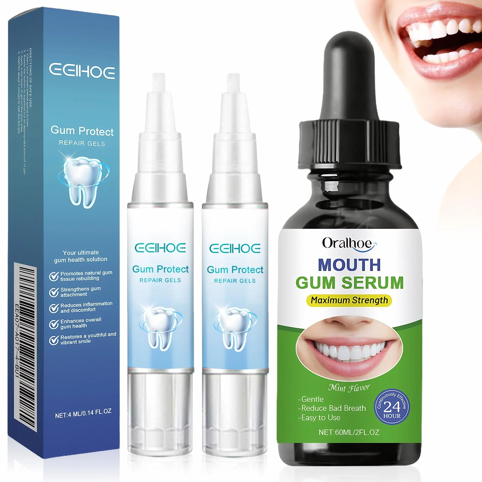Gel per Terapia delle Gengive 4ml x 2 + Gocce per Rigenerazione Gengive 60ml, Trattamento Gengive Immediato