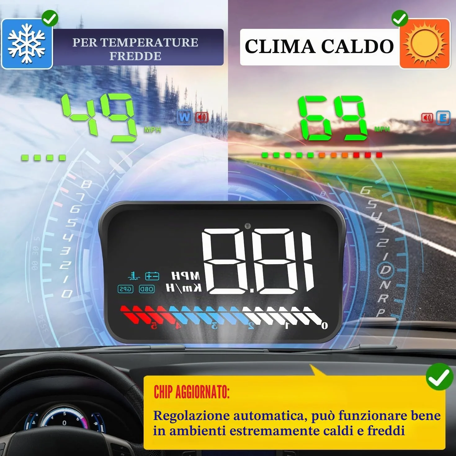 Auto HUD Display OBD2 & HUD Display GPS Dual System, Tachimetro Auto Misuratore di temperatura dell'acqua Misuratore di velocità del motore Allarme di sicurezza applicabile a tutti i veicoli