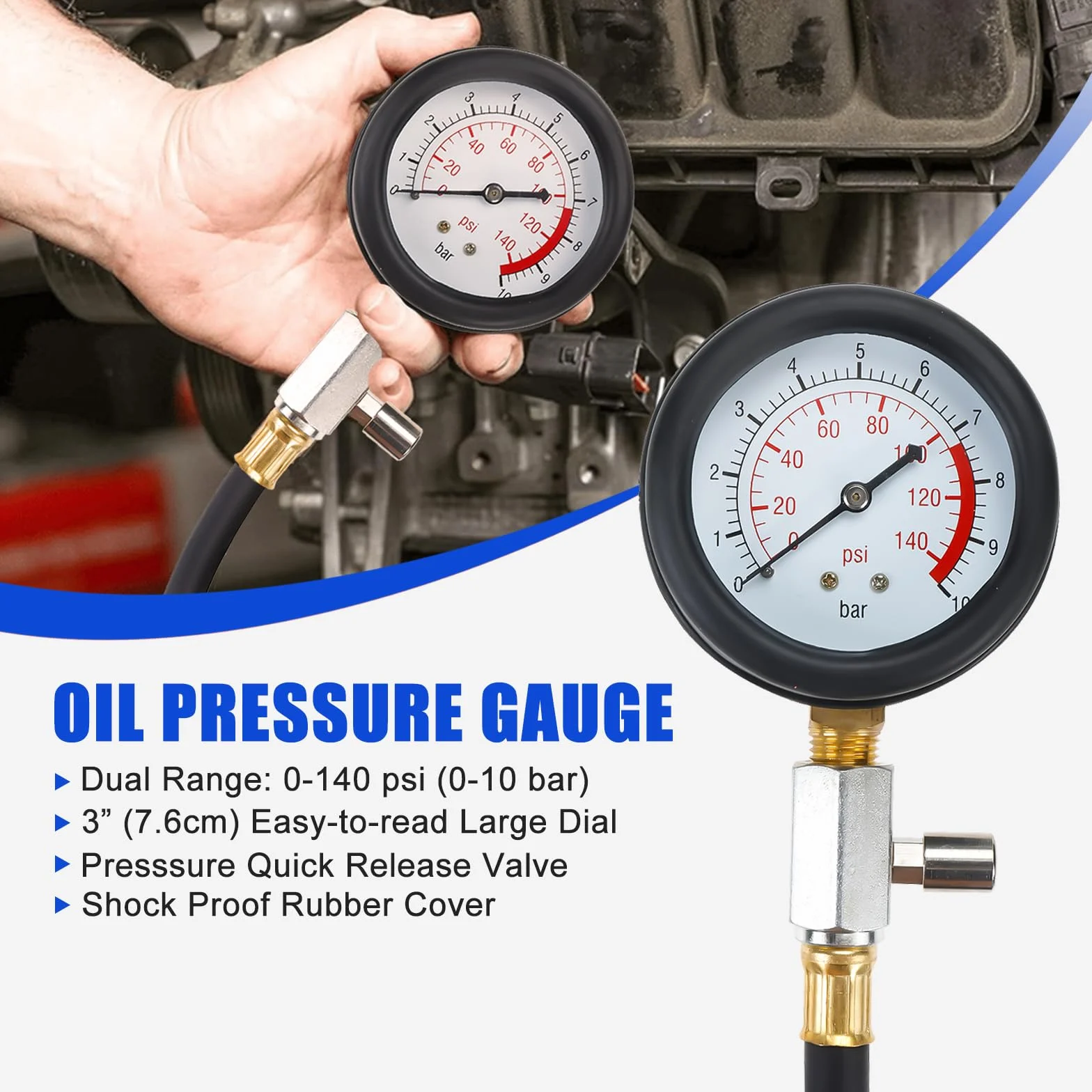 BOOMSTART Kit manometro olio, kit di test della pressione dell'olio motore, 0-140 psi, kit di misurazione diagnostica per pressione dell'olio con adattatori per auto e camion