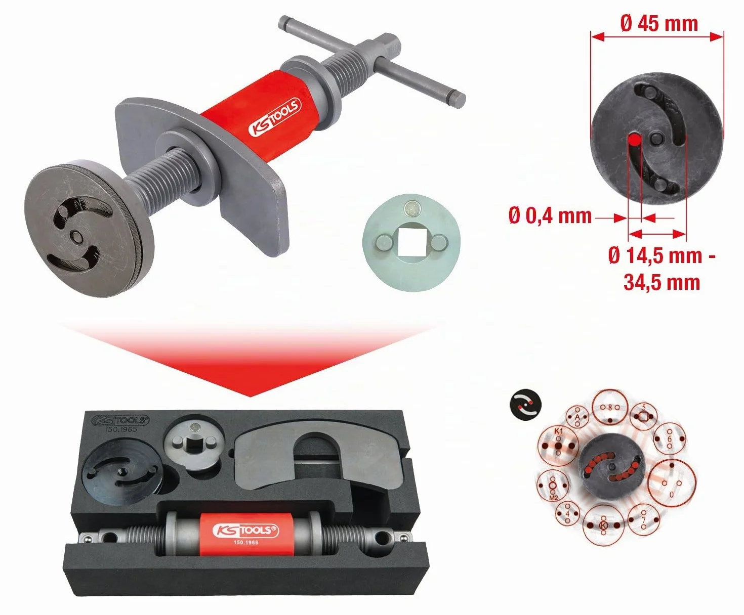 KS Tools 150.1965 Dispositivo di pressione e rotazione universale, 4 pz.