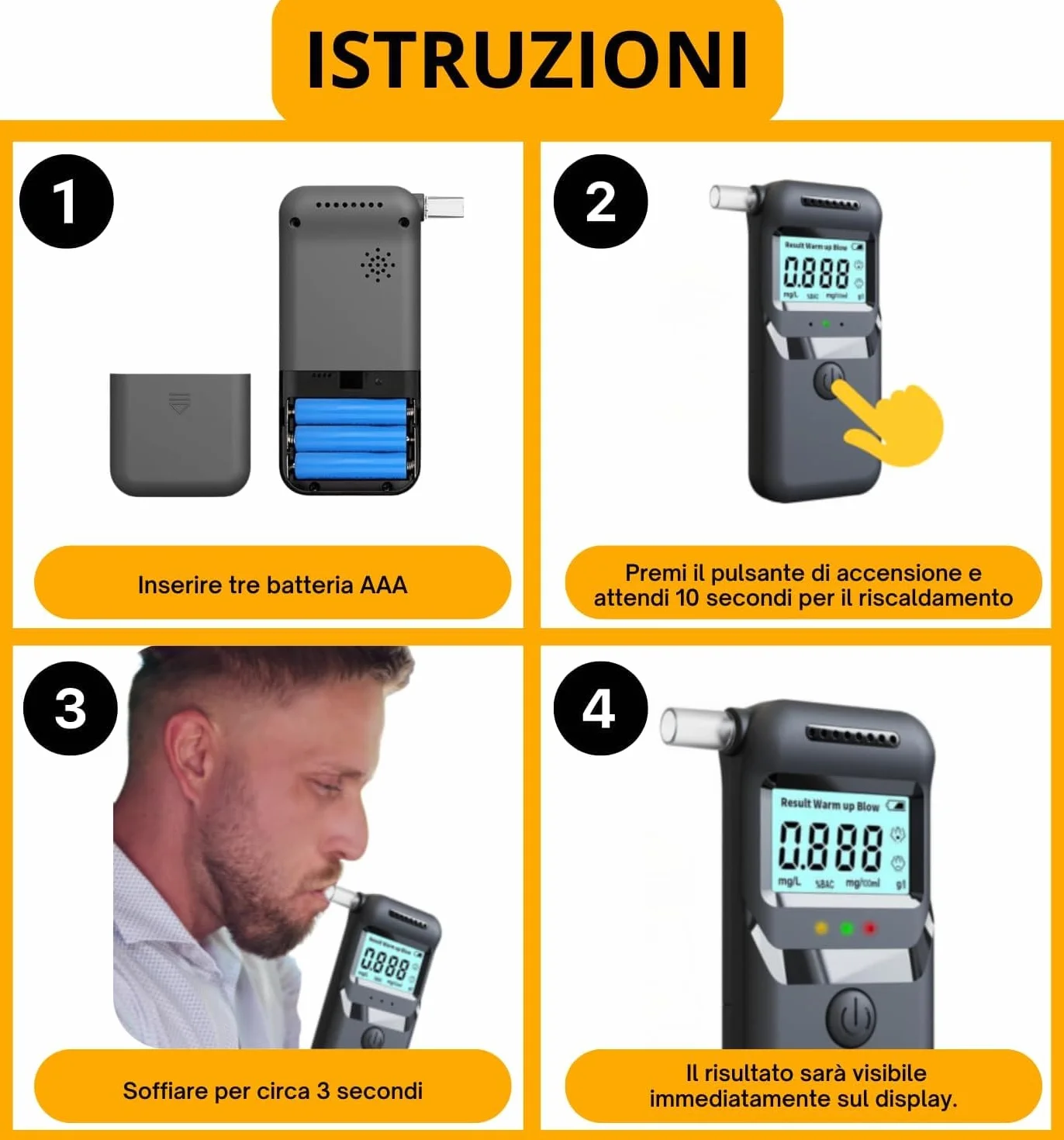 Generico Etilometro Portatile Professionale Alcoltest Certificato Uso Personale Alcoltester Digitale Precisa del Tasso Alcolemico Istruzione in Italiano Incluso 20pz Bocchini