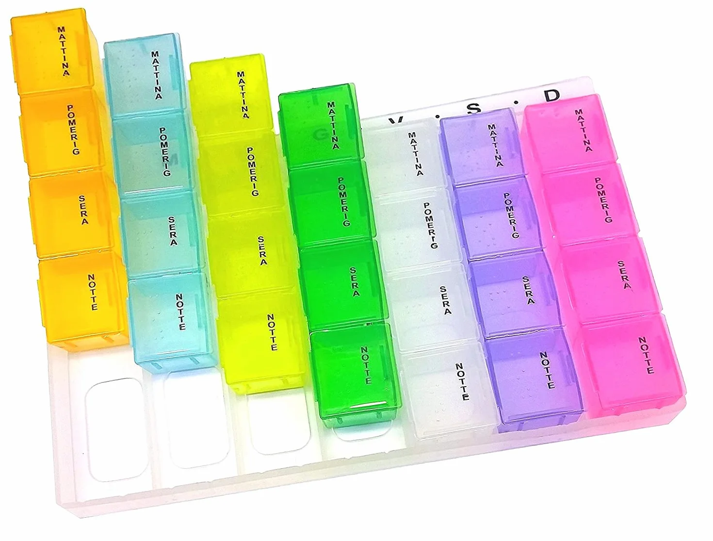Porta Pillole Settimanale 28 Scomparti 4 Pack, Contenitore per Pillole con 7 Giorni Mattino Pomeriggio Sera Notte
