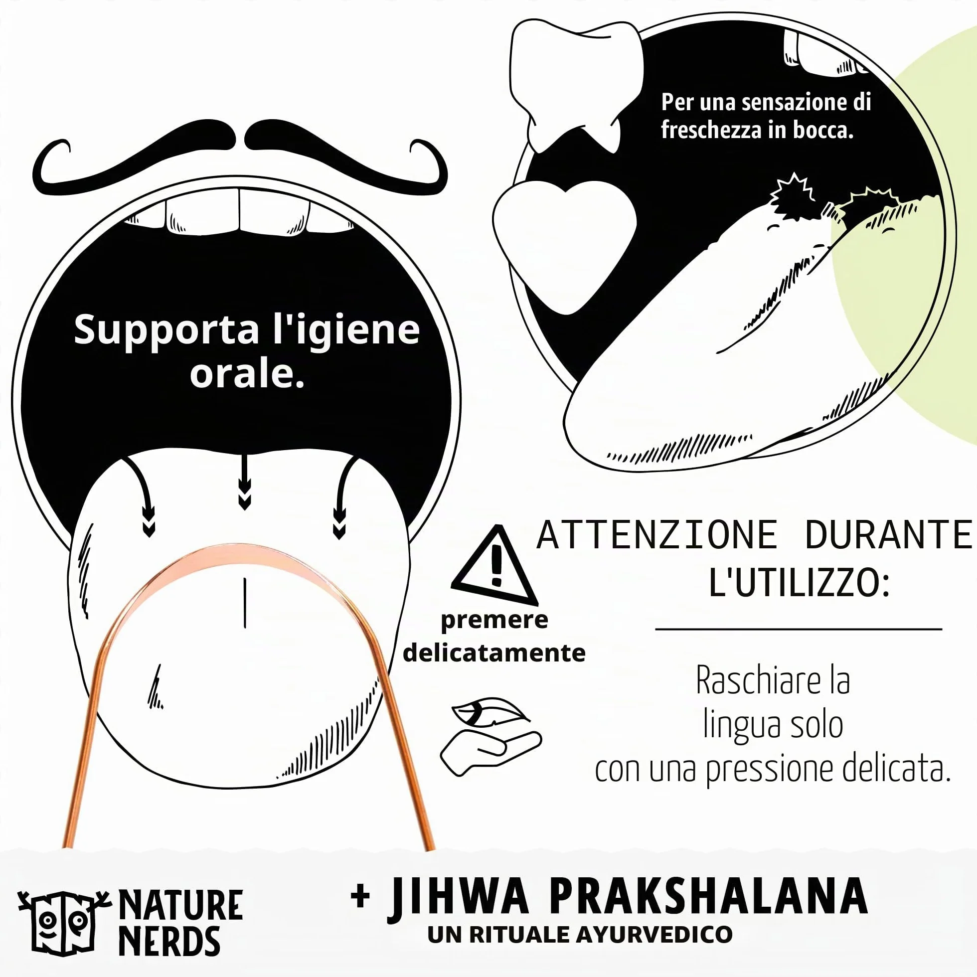 Puliscilingua in rame 3 pezzi Jihwa Prakshalana raschietto per lingua igiene orale senza plastica