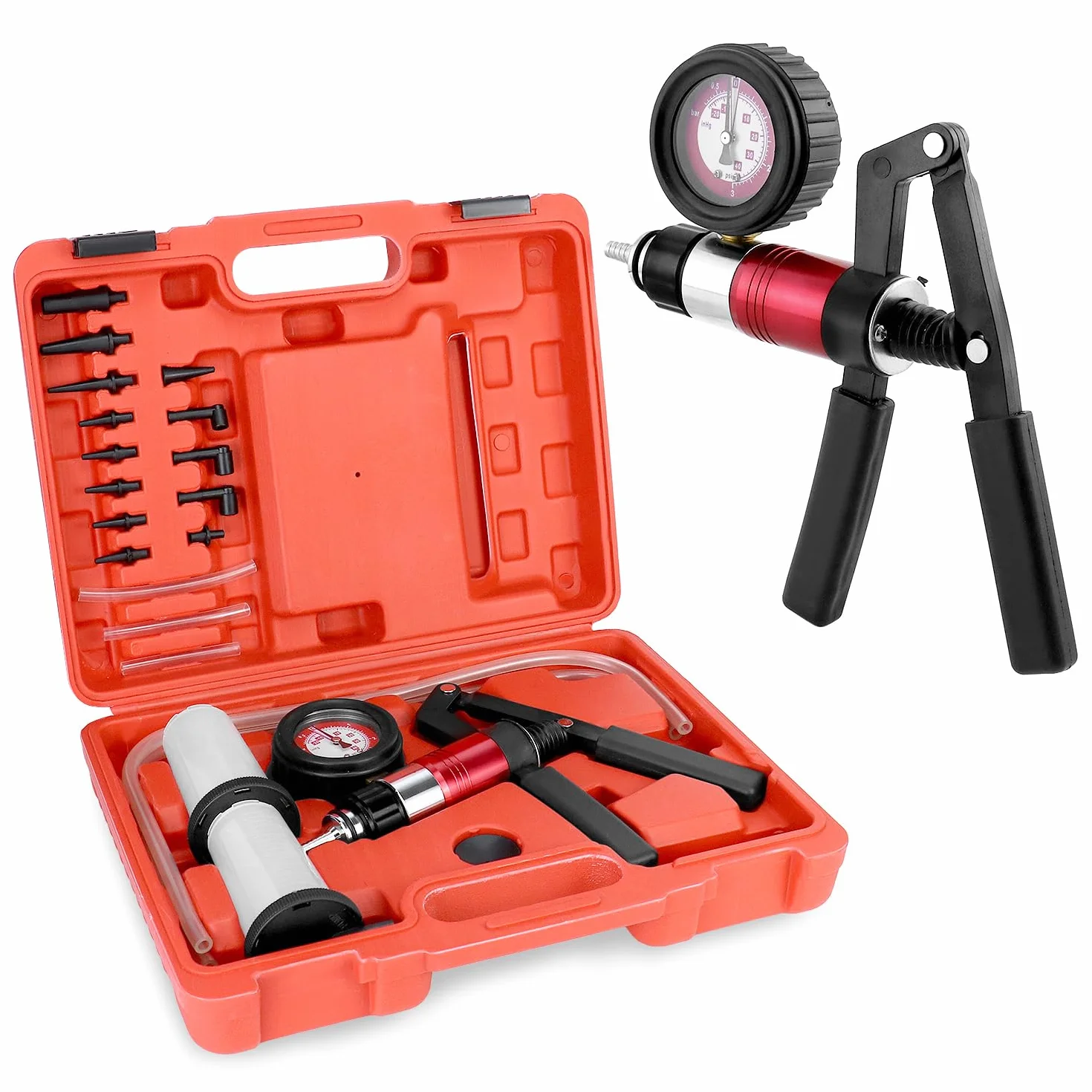 QWORK Kit di spurgo Freni con Pompa a Vuoto, manometro e adattatori universali per Auto Camion Moto