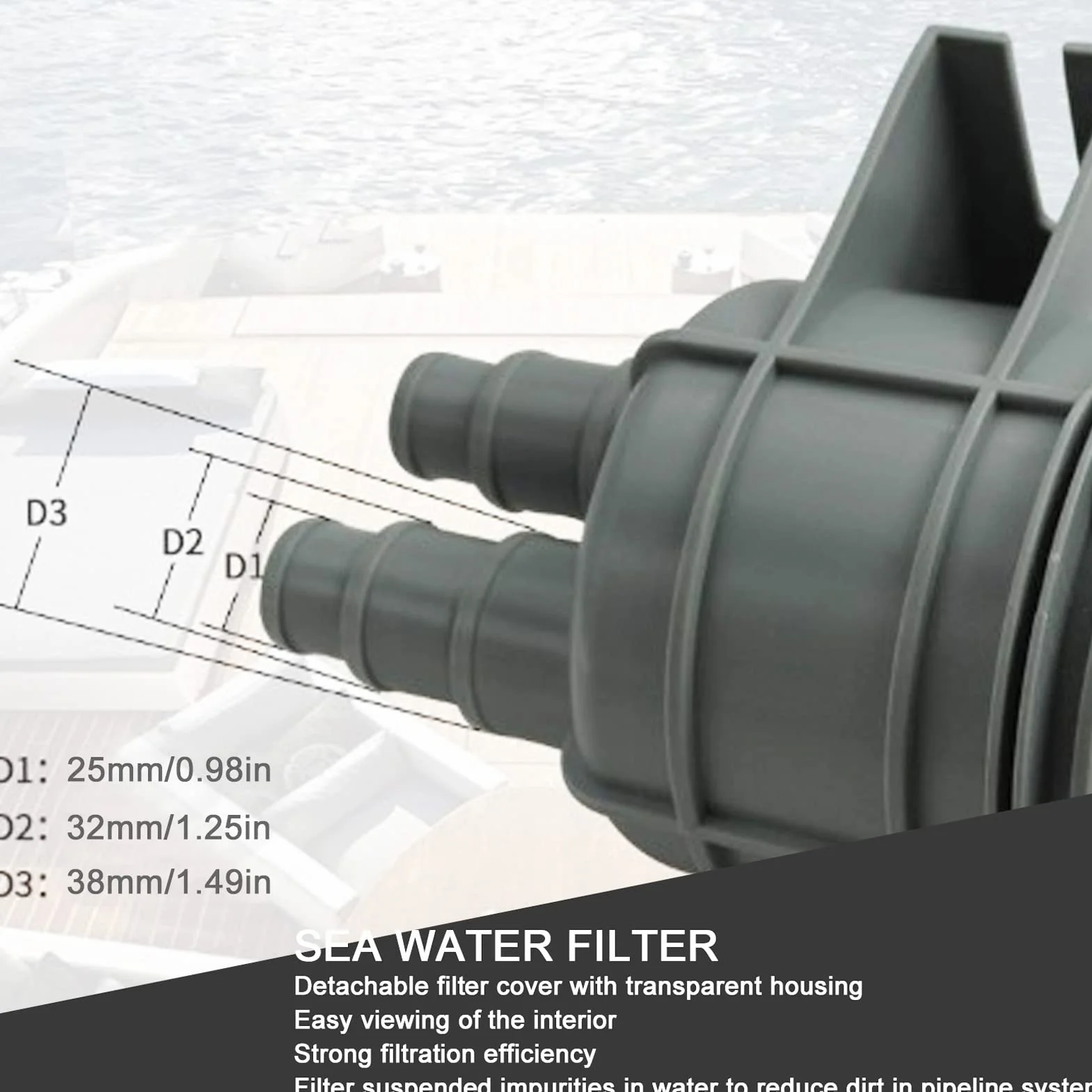 FLEXMAN Filtro per Acqua di Mare Grezza, Cestello di Aspirazione con Guscio Trasparente per Motori