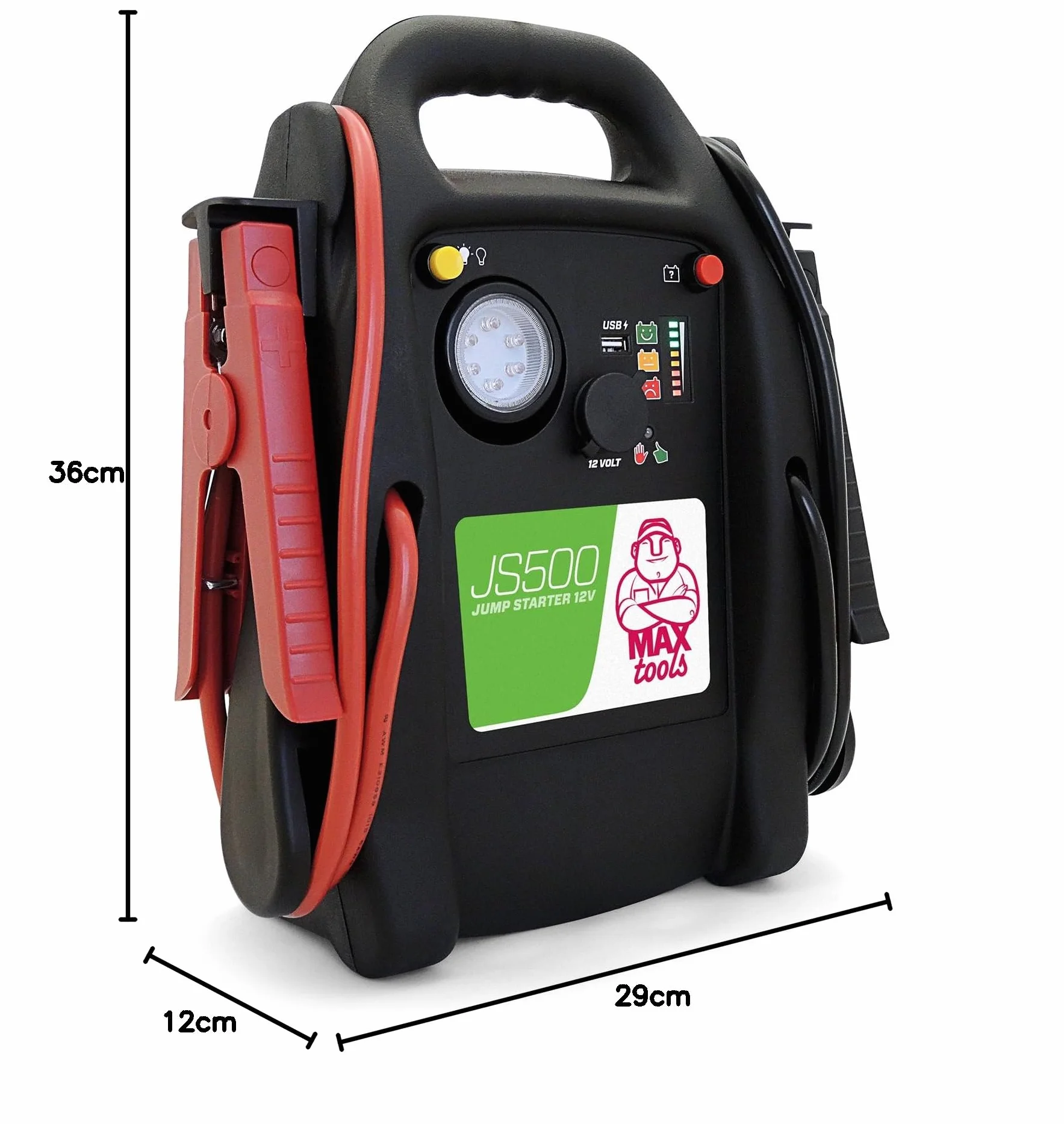 MAXTOOLS JS500 2200 A 22 Ah, Avviatore di Emergenza per Auto e Furgoni, Motori 12V Diesel e Benzina, Jump Starter, con Torcia LED, Porta USB e Cavi di Avviamento