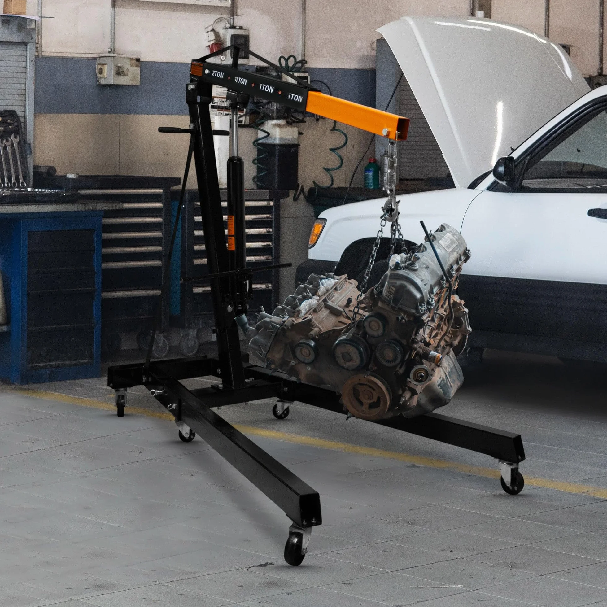 Gru per motori idraulica T-Mech 2 tonnellata pieghevole verricello alza motori auto 6 ruote comodi spostamenti garage officina 4 posizioni catena gancio acciaio