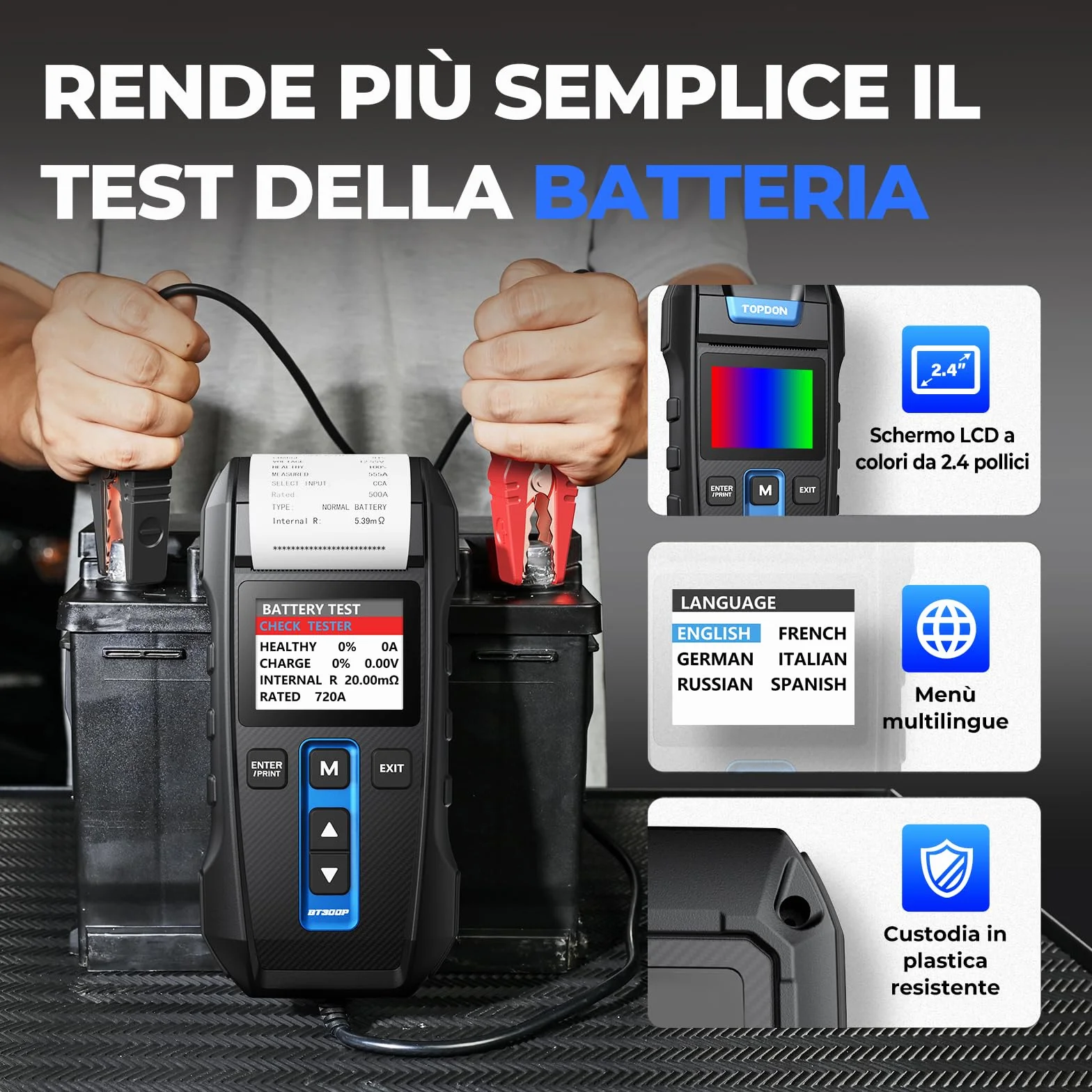 TOPDON Tester Batteria Auto BT300P, 12V 24V 100-2000 CCA Tester per Batterie con Stampante Incorporata, per Test Batterie/Caricabatterie/Sistemi di Ricarica, Adatto per Auto/Solidi/Autocarri Leggeri