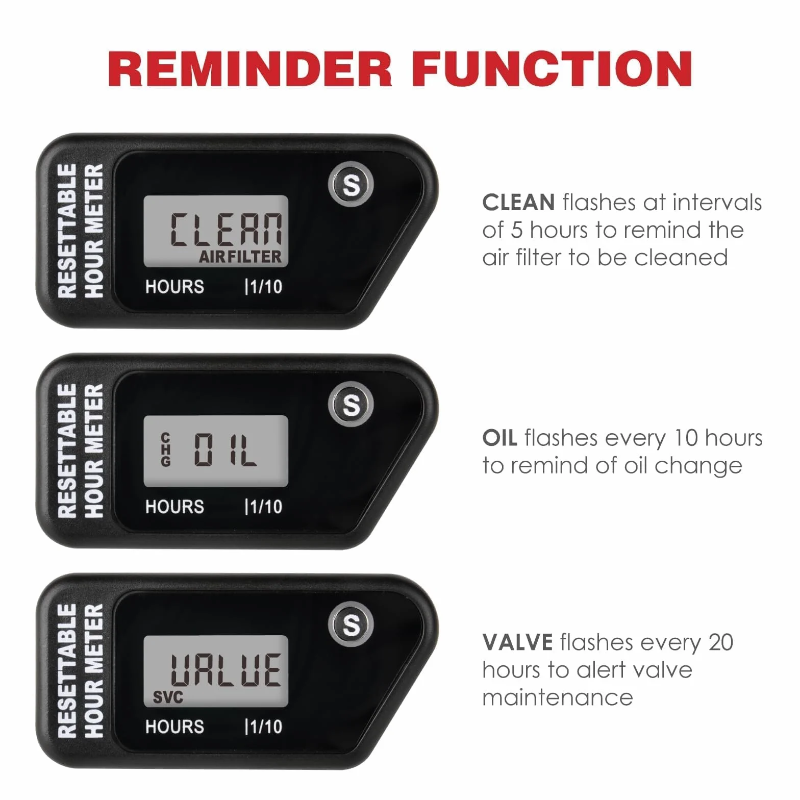RileyFine RQ-HM016H Contatore Ore con Promemoria Manutenzione, Tosaerba Motosega Moto Lavapressione Nero