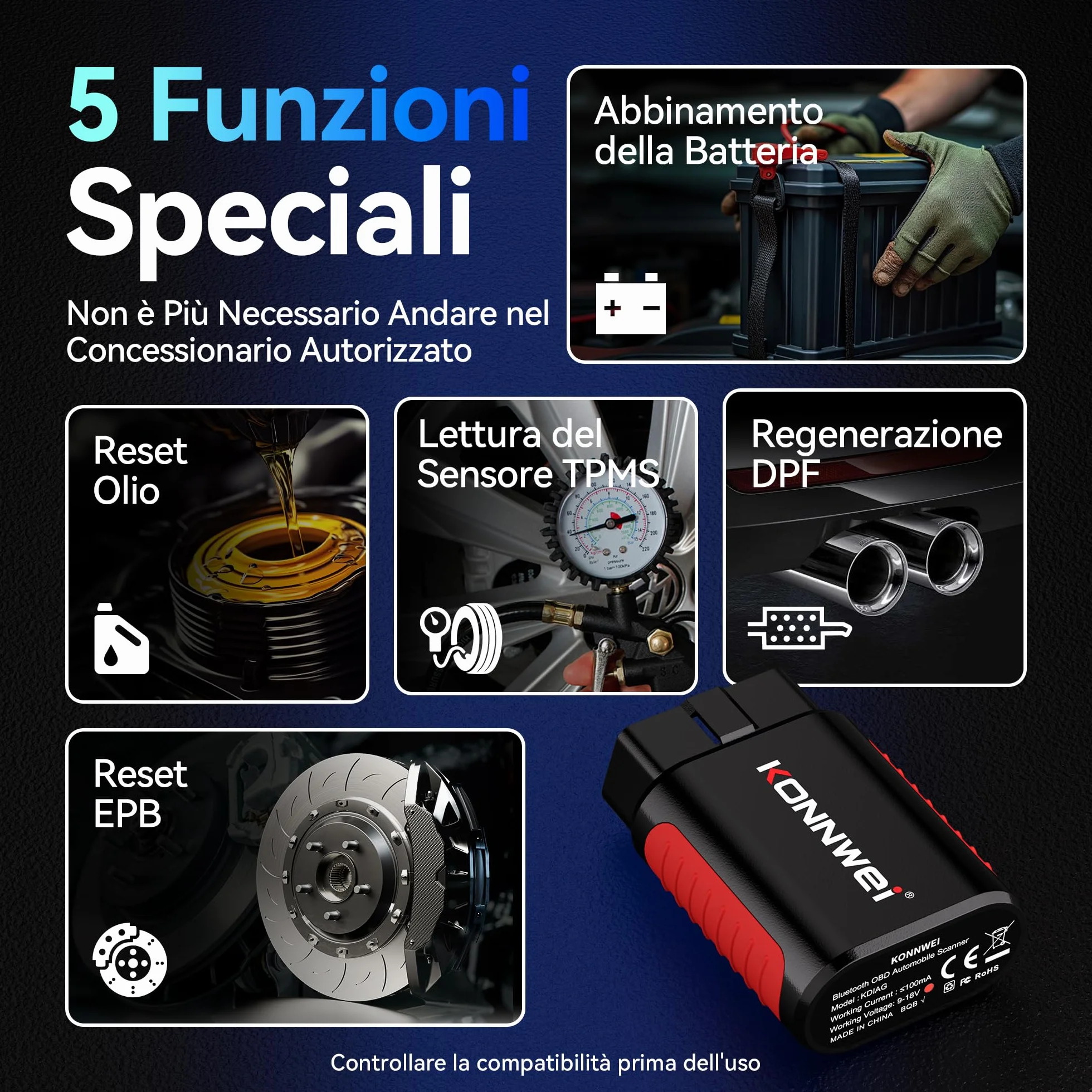 KONNWEI KDIAG OBD2 Scanner Bluetooth, tutti i sistemi diagnostici, 5 reset, lettore di codici auto per iOS e Android, senza abbonamento