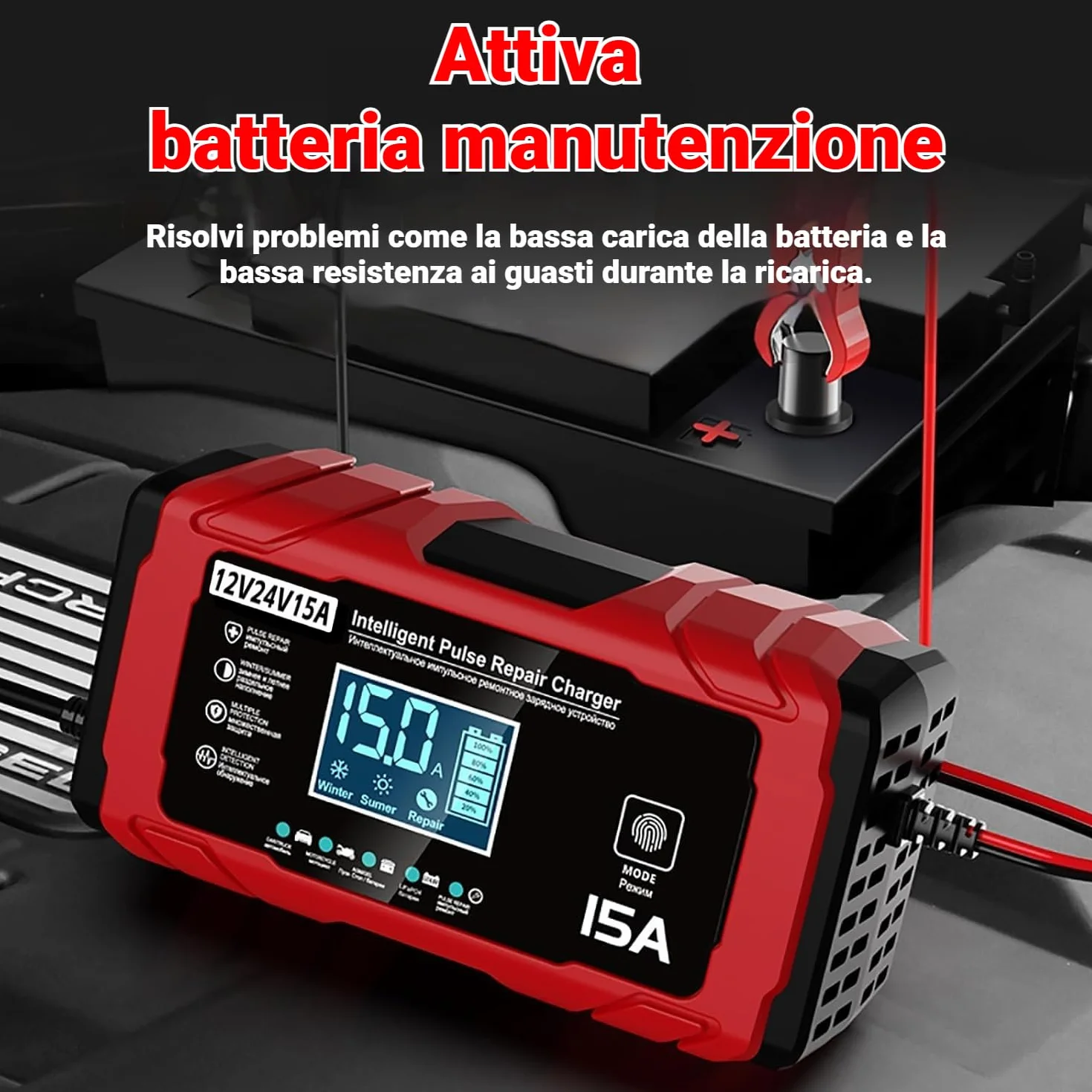 Caricabatteria per Auto 15A - 12V/24V 15A Carica Batterie intelligente Auto, Schermo LCD, Caricabatterie con Multi-Protezione, Compatibile con Batterie per Auto, Moto, AGM e LiFePO4