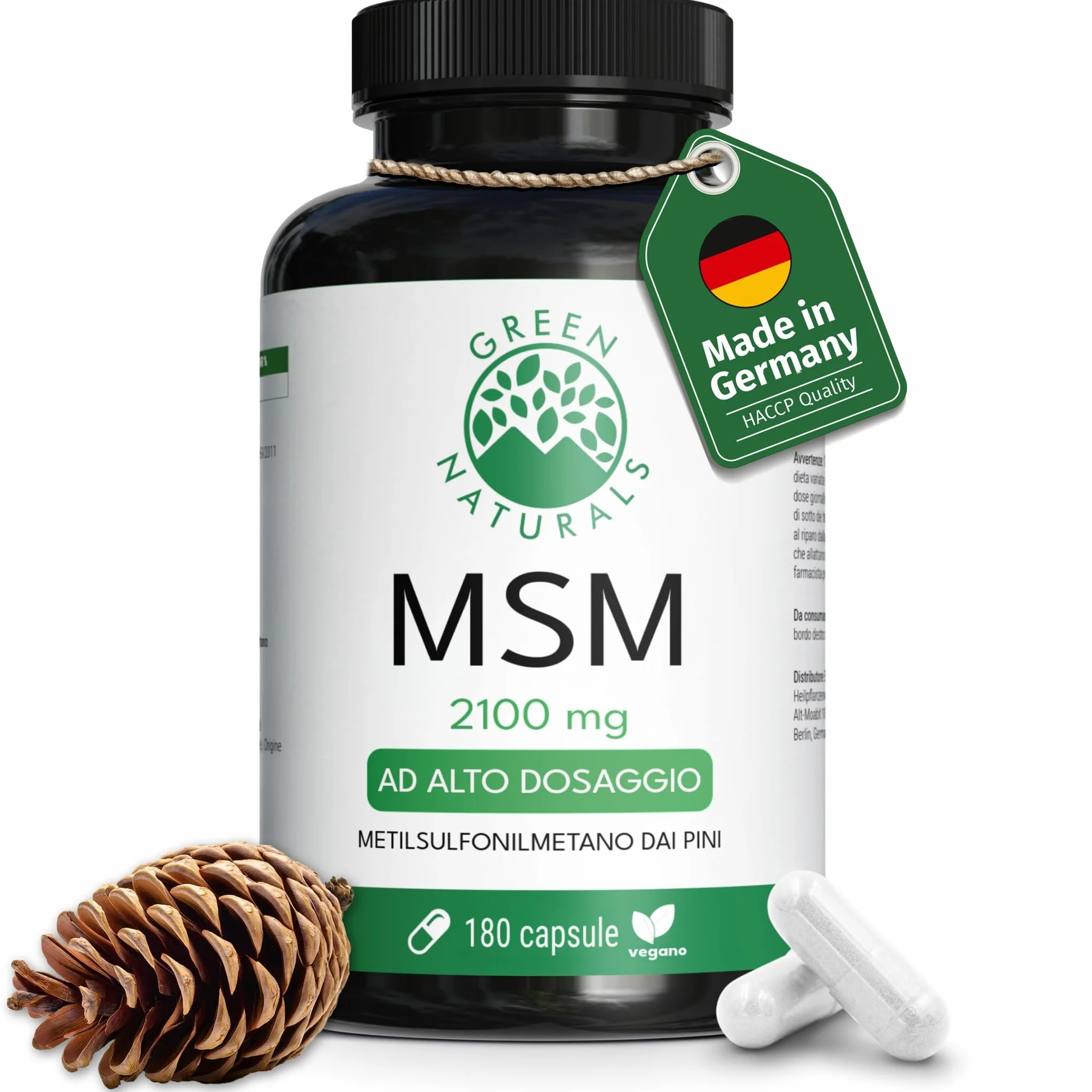 Green Naturals MSM 2100 mg Metilsulfonilmetano zolfo organico 180 capsule
