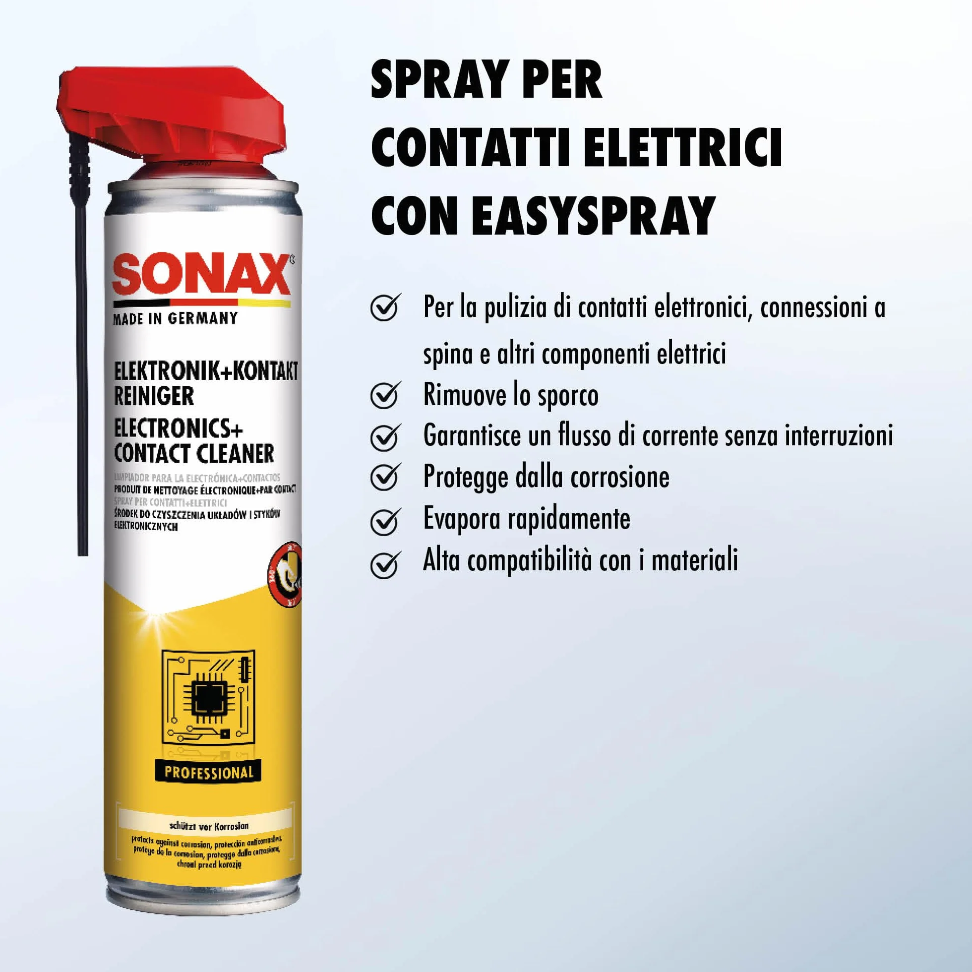 SONAX Spray per contatti elettrici (400 ml) pulisce connettori e altre parti elettriche + assicura un eccellente flusso di corrente | Art. N. 04603000