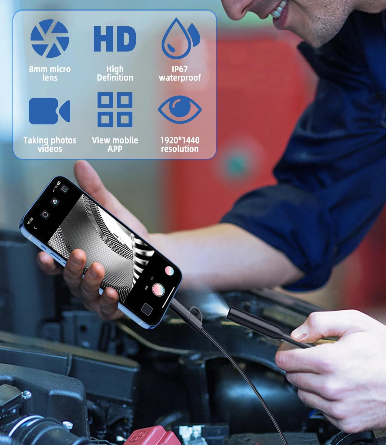 Endoscopio per Smartphone 1920P HD IP67 Impermeabile con 8 LED Cavo 5m per Android iOS