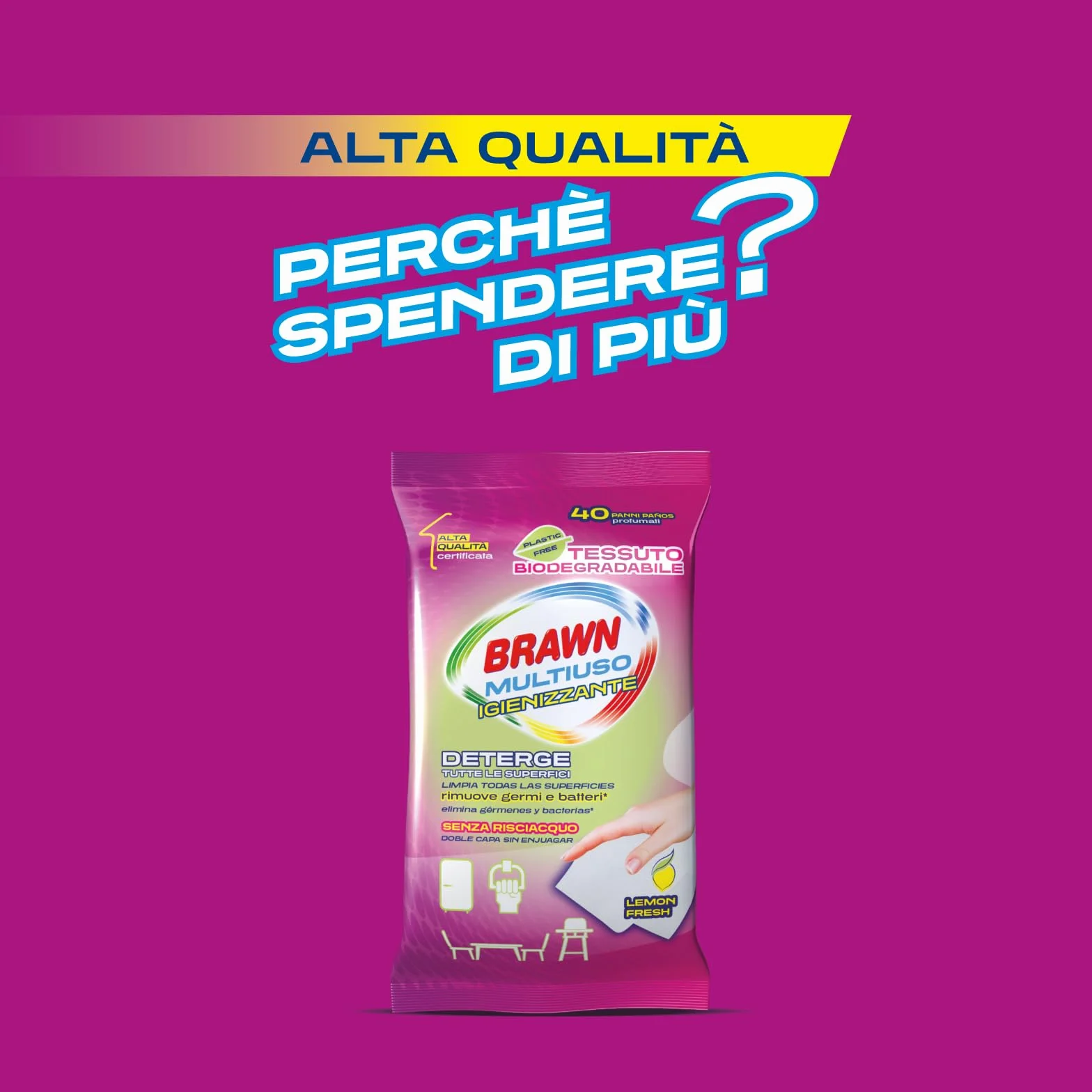 Brawn Multiuso Igienizzante 40 Panni, Detergono Tutte le Superfici, Profumo Lemon, Tessuto Biodegradabile