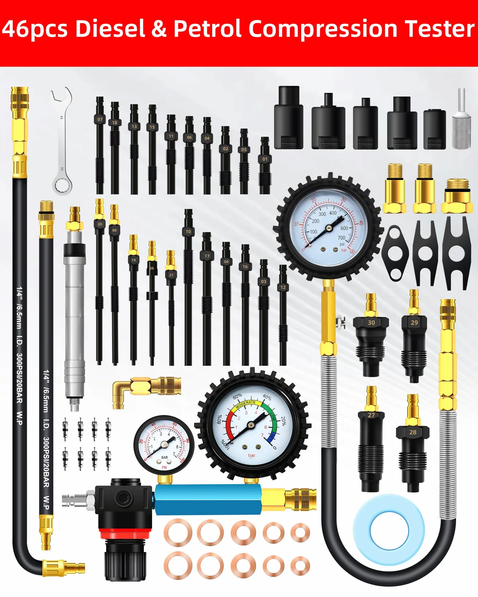 RUIZHI 46PCS Tester di compressione - Tester di Perdita di Pressione 0-50 bar | 0-725 psi, Testers Motore per Motori Diesel e Benzina HDi, TDCi, Auto, Camion, M8, M10, M12, M14, M20, M22, M24