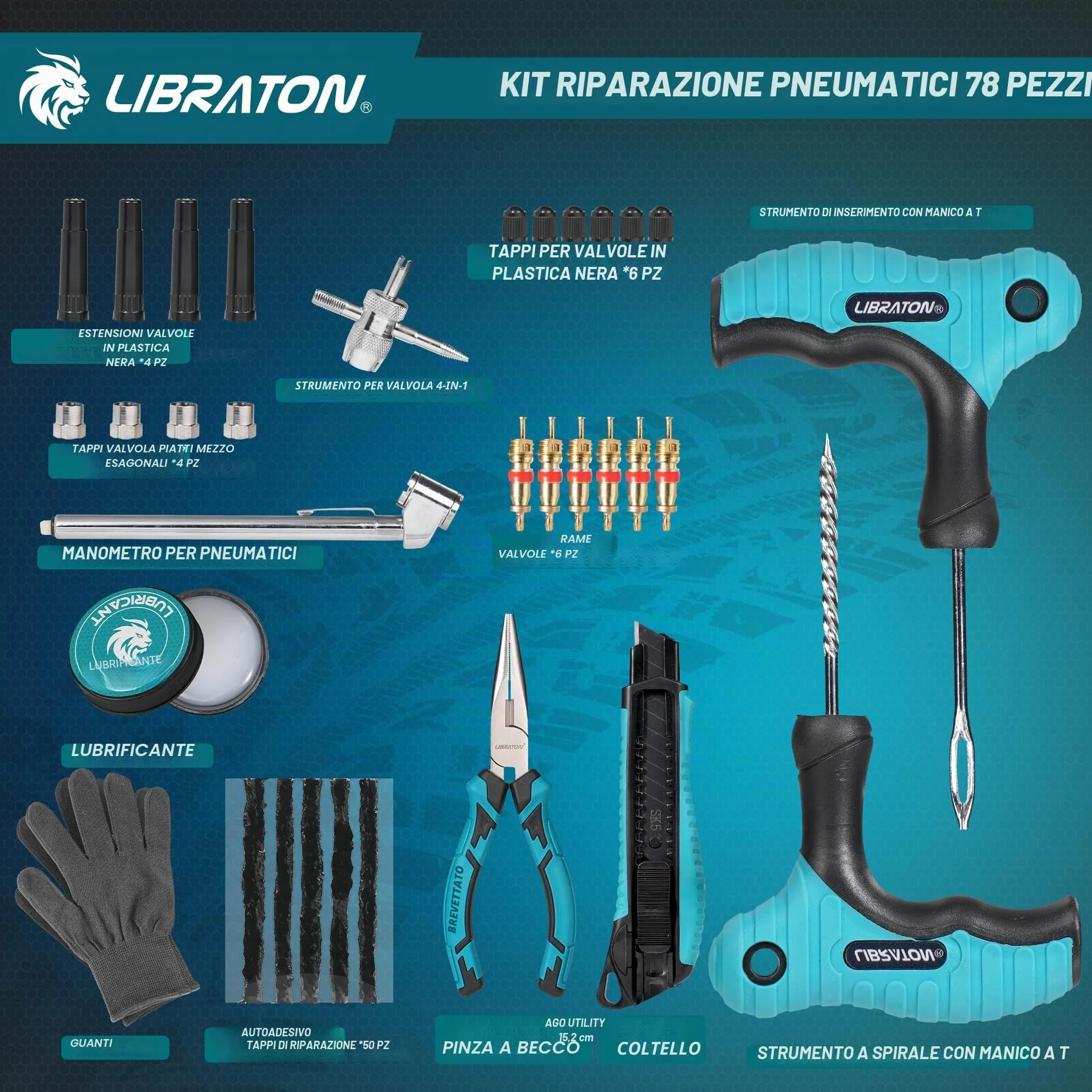 Libraton Kit Riparazione Pneumatici Auto Professionale per Fori e Puncture Tubeless