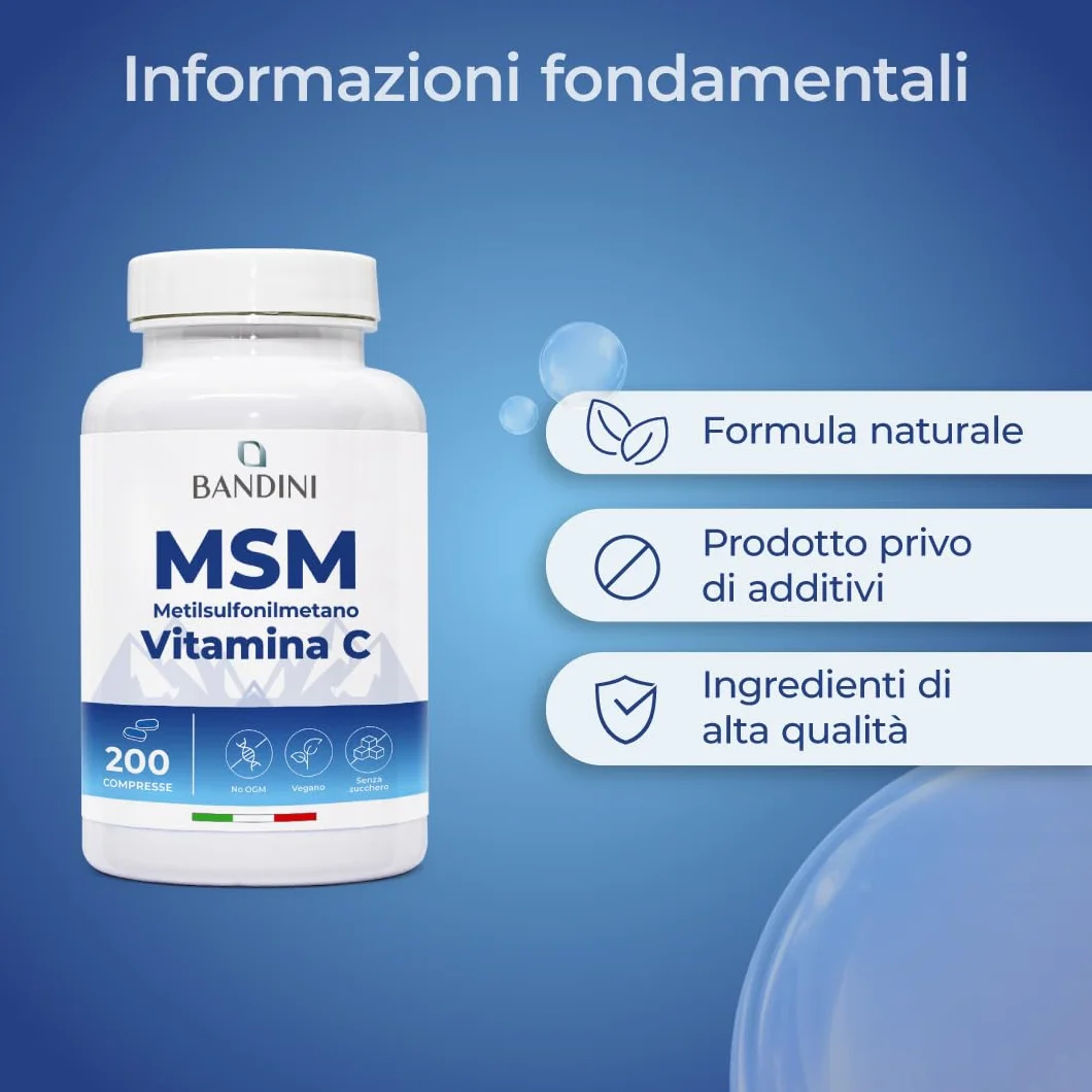 Bandini MSM 2000 mg Metilsulfonilmetano Compresse + Vitamina C Integratore Capelli Pelle Articolazioni Unghie Antinfiammatorio Muscolare Zolfo Vegan