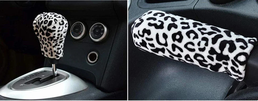 Coprivolanti 3 in 1 morbido leopardato per auto impugnatura freno a mano copri leva cambio corto caldo invernale per donna (Standard,bianco)