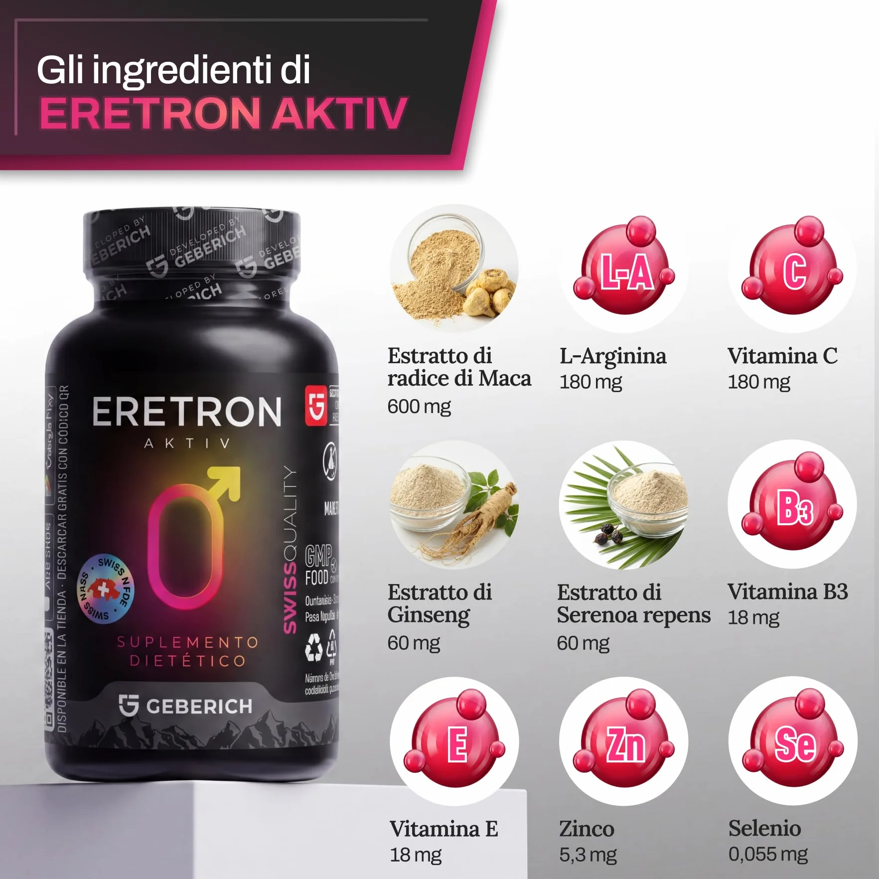 Capsule ERETRON AKTIV Salute Maschile Prostata Maca L-Arginina Serenoa Repens Zinco 30 Capsule