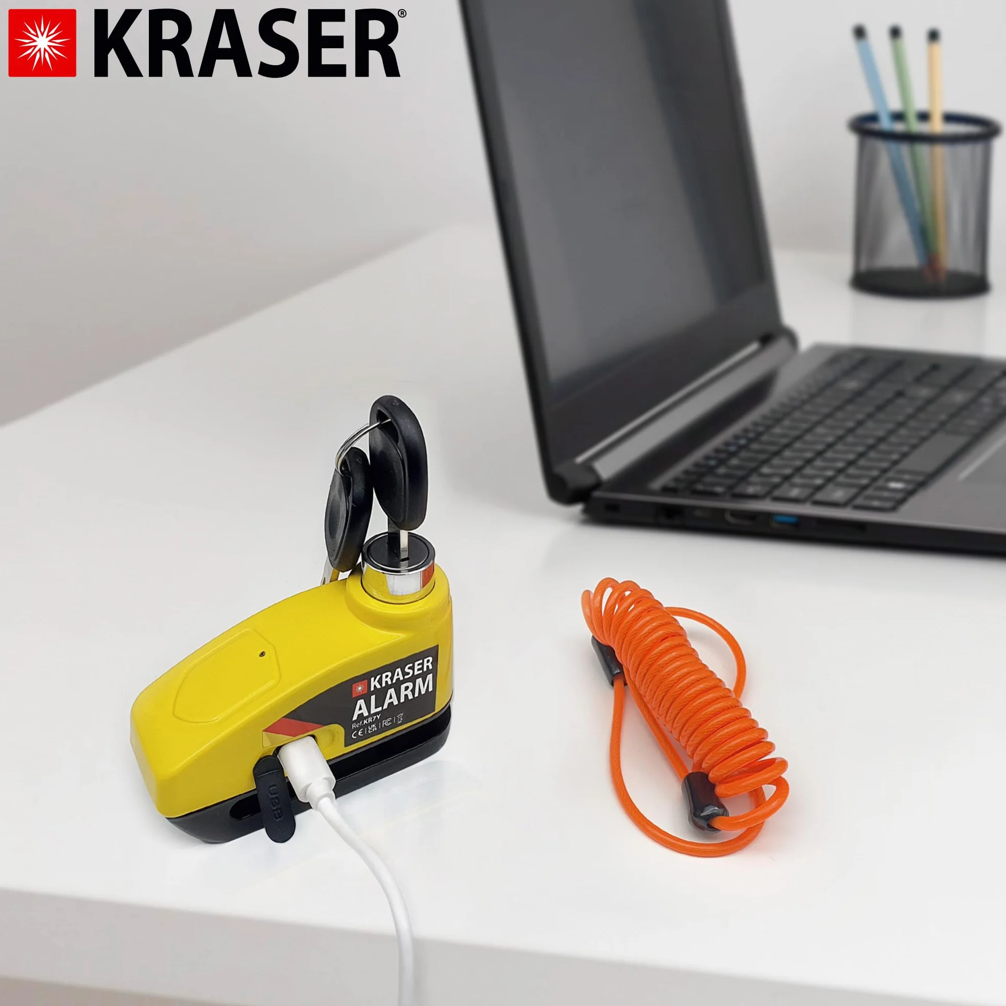 KRASER KR7Y Antifurto Moto Blocca Disco con Allarme 110dB, USB Batteria Ricaricabile, Sensori Movimento, Impermeabile Resistente Visibile, Blocco Veloce, Lucchetto Bloccadisco Sonoro 7mm Universale
