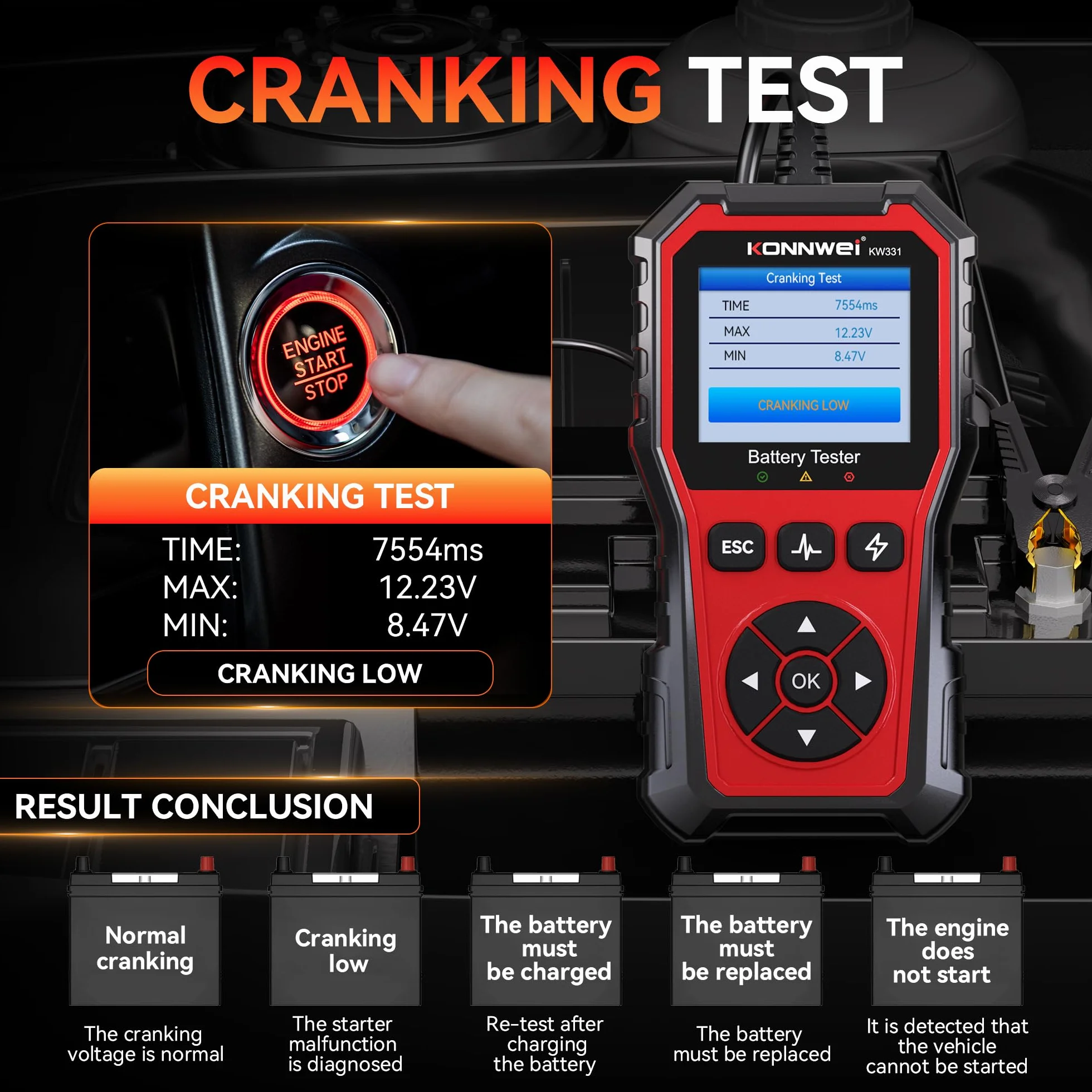 KONNWEI KW331 Tester per Batterie Auto 100-2000 CCA con Stampa Cloud 6V 12V 24V AGM Litio Gel Analizzatore Digitale Alternatore Automobilistico Sistema di Avviamento e Carica