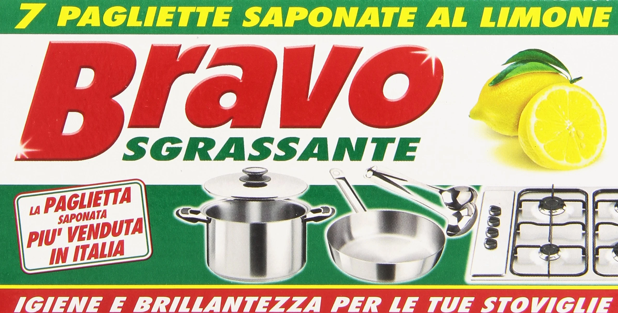 Bravo Detergente per Stoviglie e Superfici Dure Sgrassante al Limone 7 Pagliette Saponate Confezione da 2