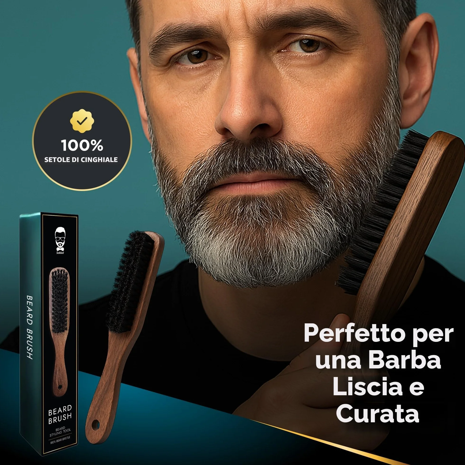 SAKKAL Spazzola per Barba Setole di Cinghiale, Manico in Legno Naturale, Antistatica Districante Lisciante, Cura Styling Barba