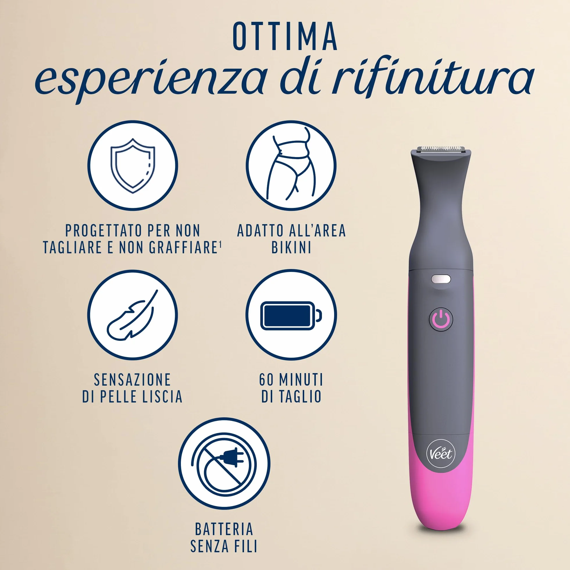 Veet Expert All-In-One Trimmer, Rasoio Elettrico Donna Viso Parti Intime, Epilatore Elettrico Donna 100% Waterproof Cordless