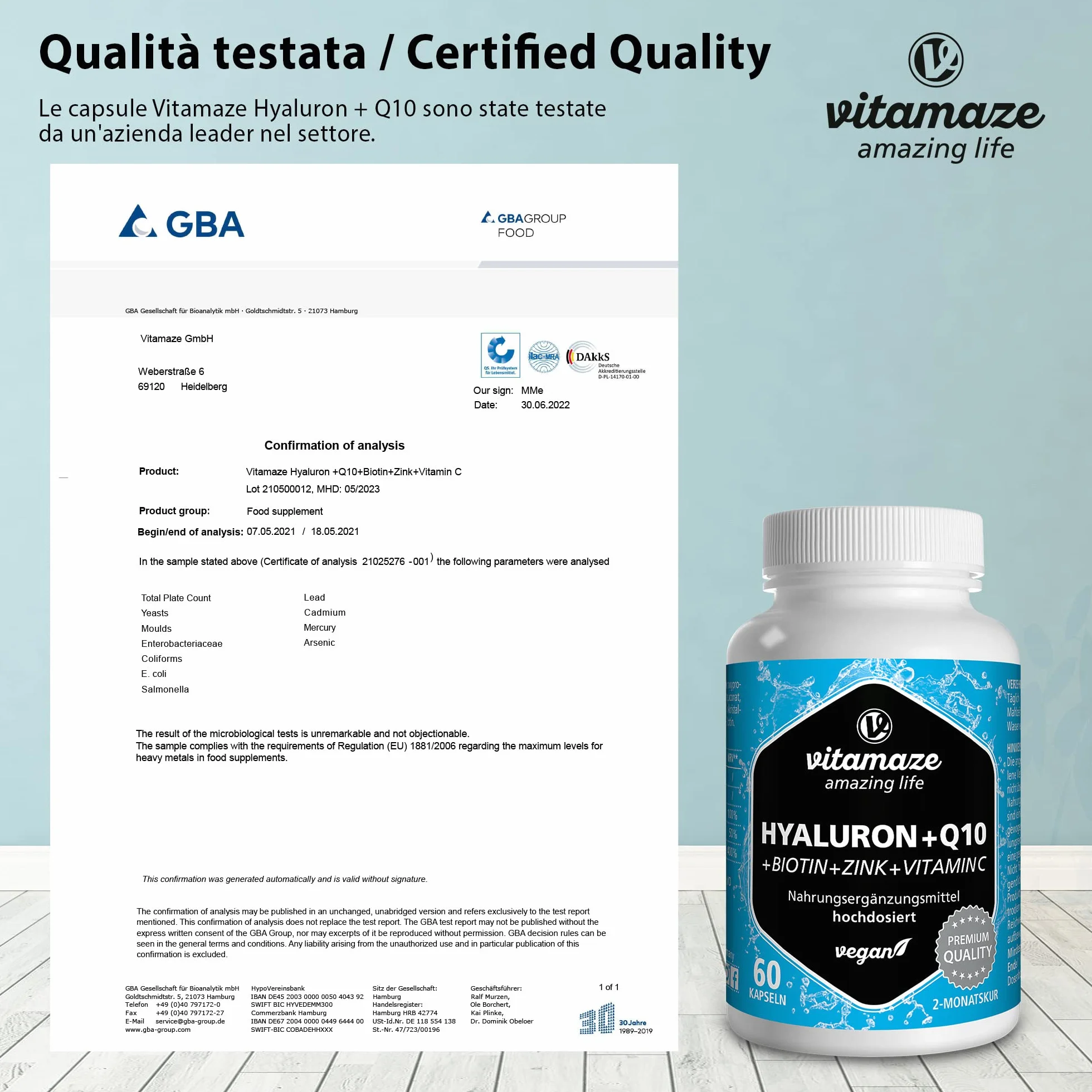 Acido Ialuronico ad Alto Dosaggio Puro + Coenzima Q10 Capsule Vegan 500-700 kDa Integratore Alimentare