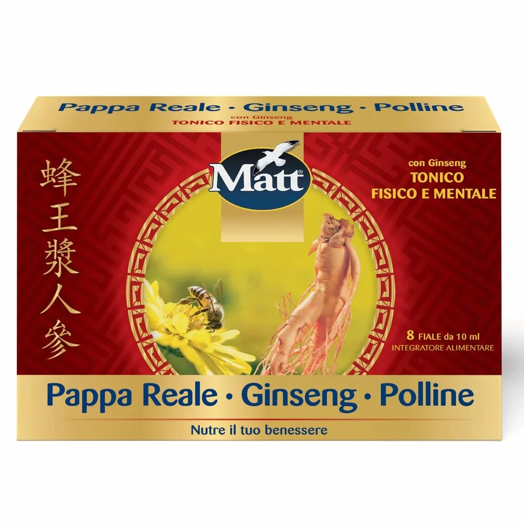 Pappa Reale Ginseng e Polline Tonico Fisico e Mentale Integratore Alimentare Senza Glutine 8 Fiale 10 ml