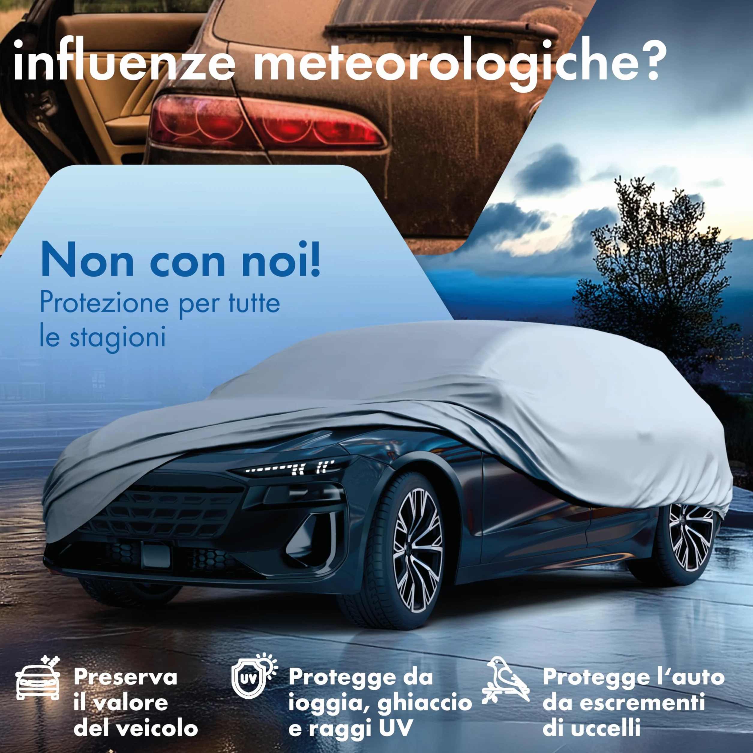 WALSER Telo Copriauto da Esterno All Weather - Telone Auto Station Wagon 100% Impermeabile e Resistente alle Intemperie, Protezione UV, Neve e Gelo, Misura 5, Argento