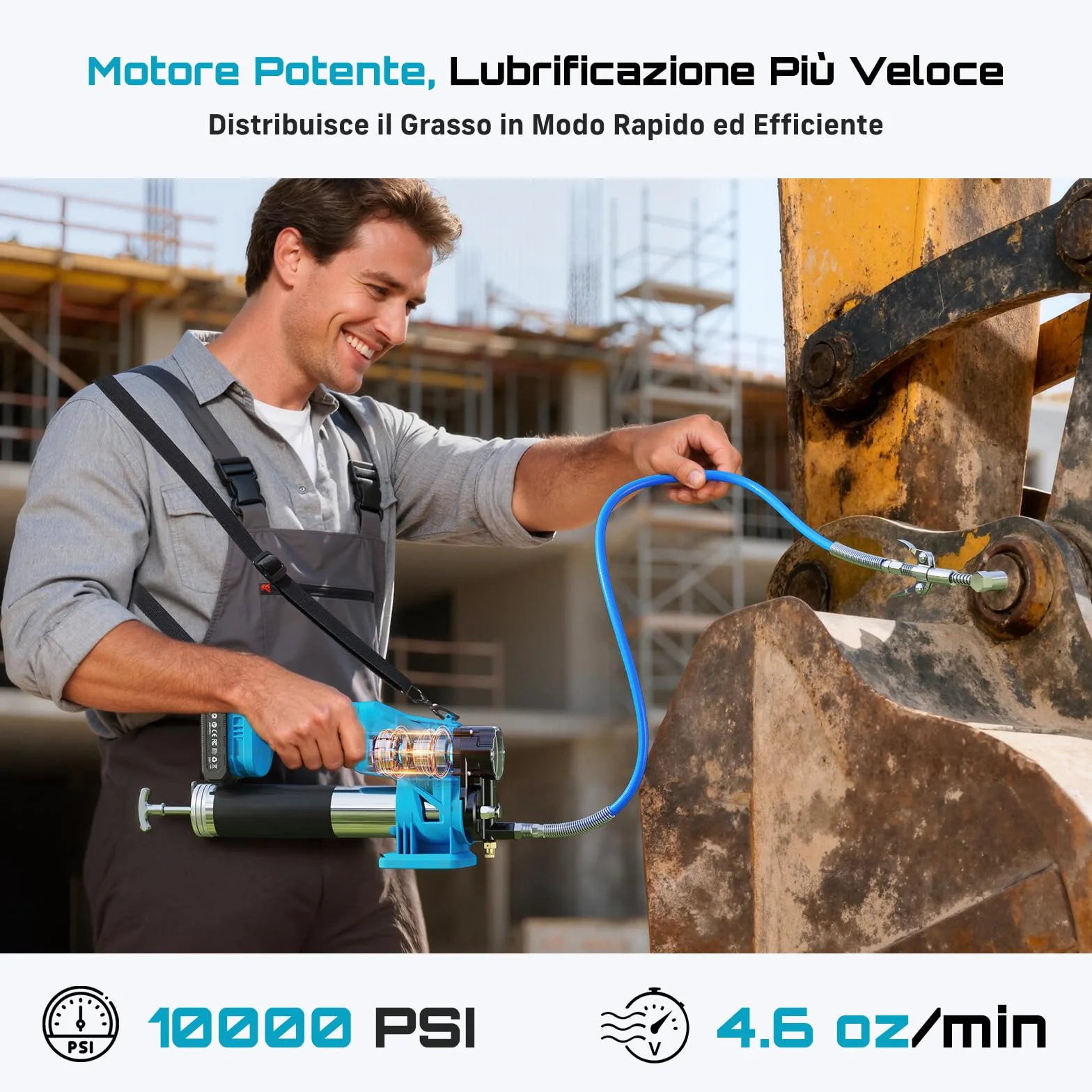 Seesii Ingrassatore a Batteria Kit: Pistola Grasso ad Alte Prestazioni da 10000 PSI e 4,6 oz/min con 2 Batterie, Tubo 39,4", Adattatore a 90° e 3 Ugelli per Un Ingrassaggio più Rapido e Senza Sforzo