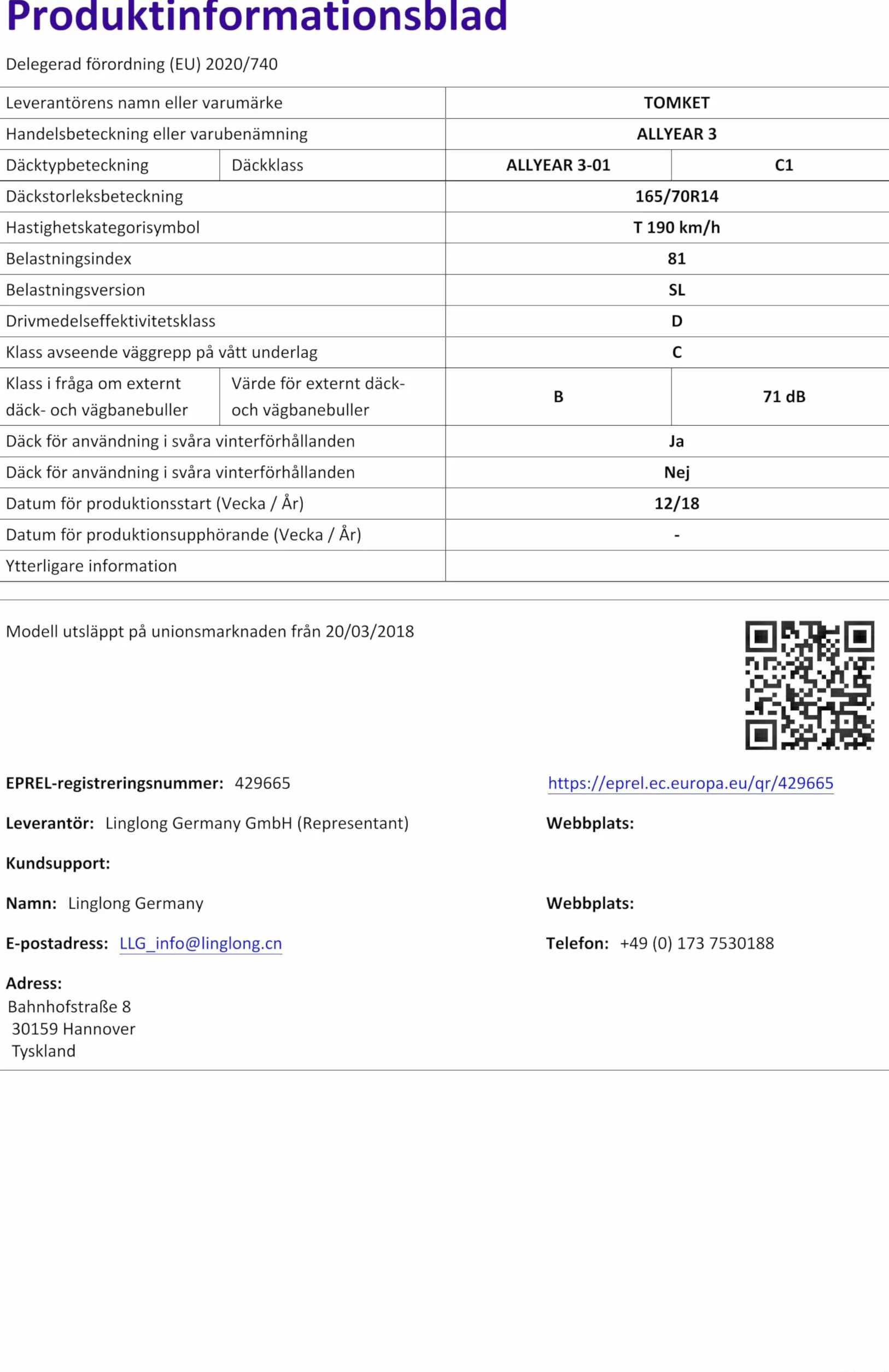 TOMKET ALLYEAR 3 165/70 R14 81 T