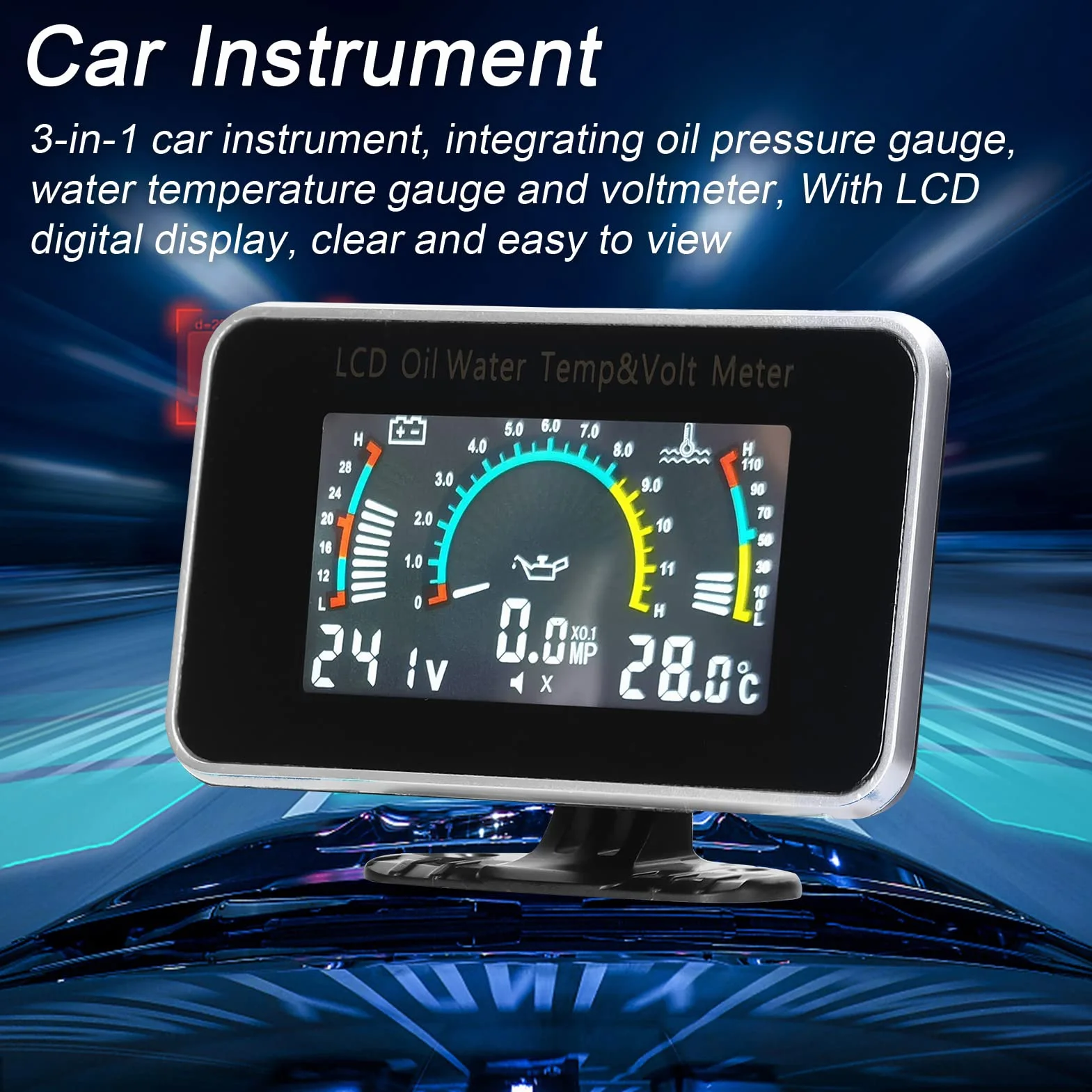 HUIOP Manometro dell'olio,Misuratore LCD per Auto 3-in-1 Misuratore di Pressione Olio Digitale Misuratore di Temperatura dell'Acqua Strumento Universale 9-36V per Camion SUV RV