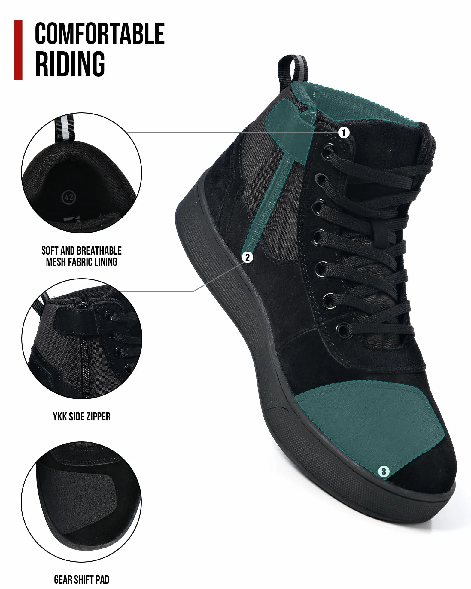 RIDEIRON Scarpe Moto Uomo Donna Conforme CE Stivali Moto,Antiscivolo Rinforzato Suola Ispessita Impermeabili Traspiranti alla Moda con Zip Laterale,Supporto alla Caviglia e Shift Pad Nero 42