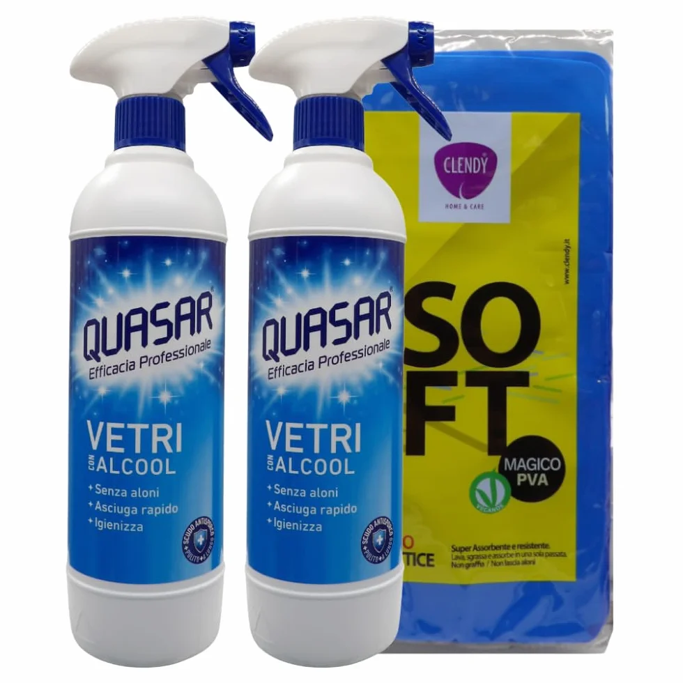 Quasar VETRI CON ALCOOL 580ml + Panno In Lattice SOFT 30x30, Non Lascia Aloni, Asciuga Rapidamente