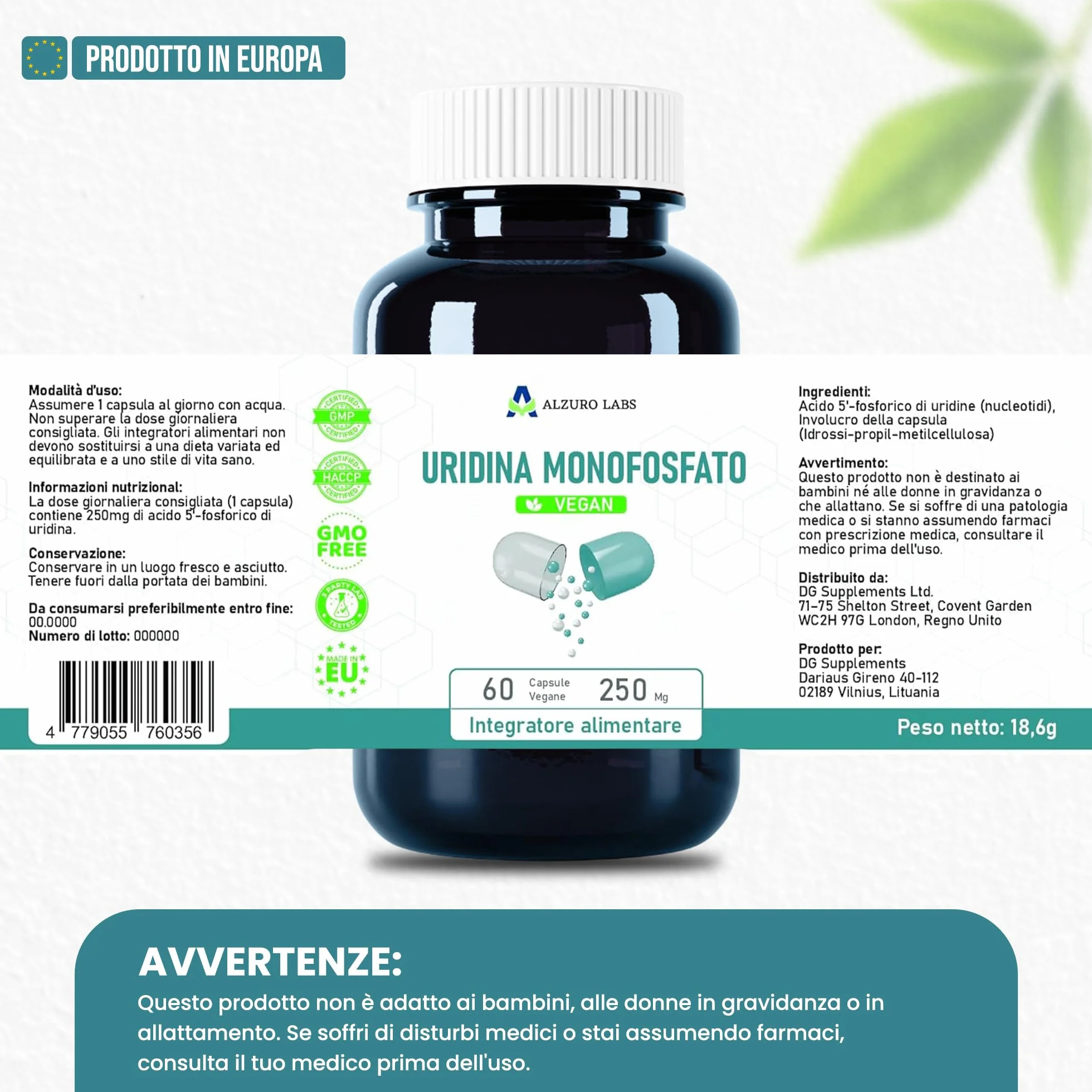 Uridina Monofosfato 250 mg 60 capsule vegane GMP Testato da Laboratorio Indipendente